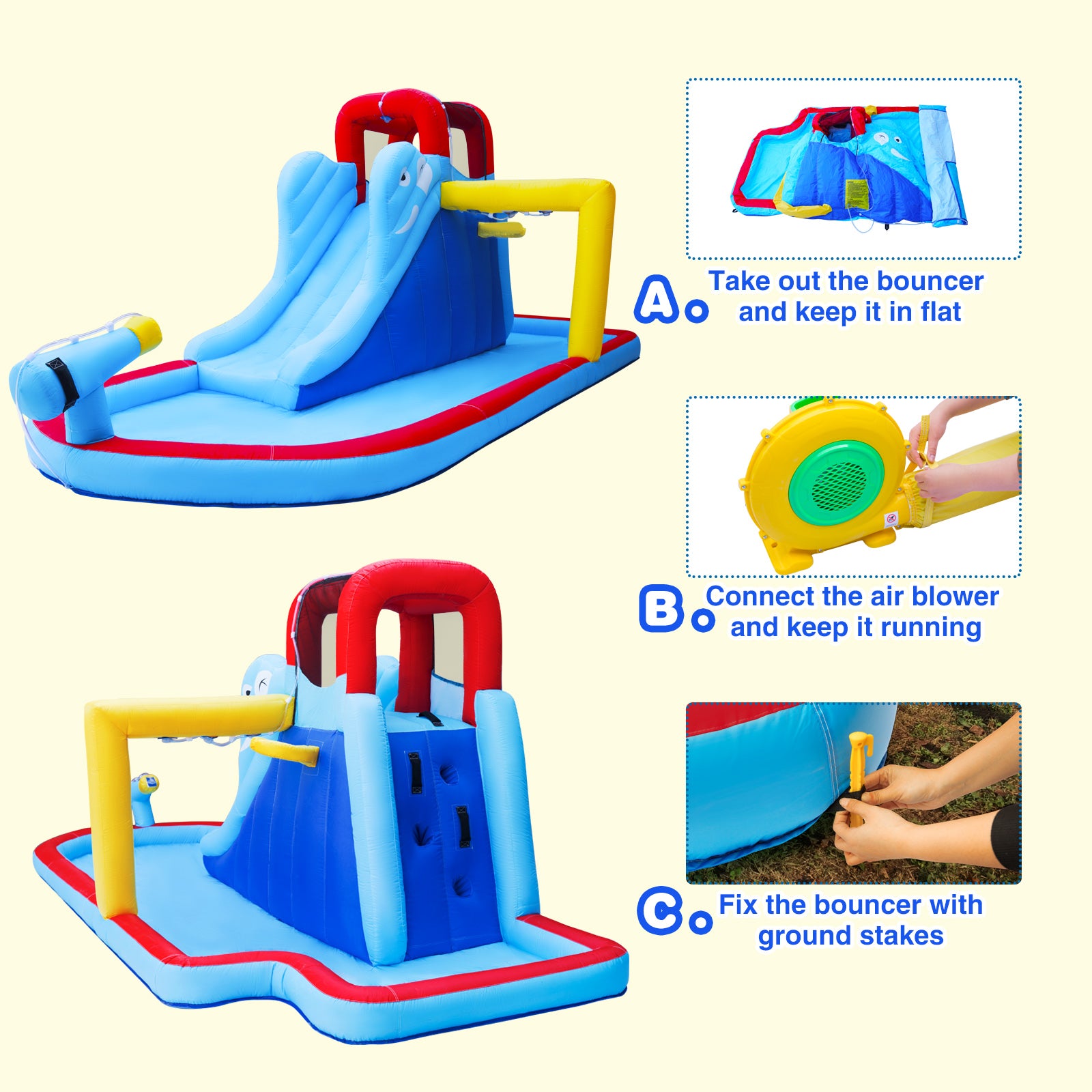 JOYLDIAS Kids Inflatable Bounce House Water Slide Bouncer Playhouse Castle with 3 Water Guns， Splash Pool， Climbing Wall， Basketball Hoop， Bag， Air Blower