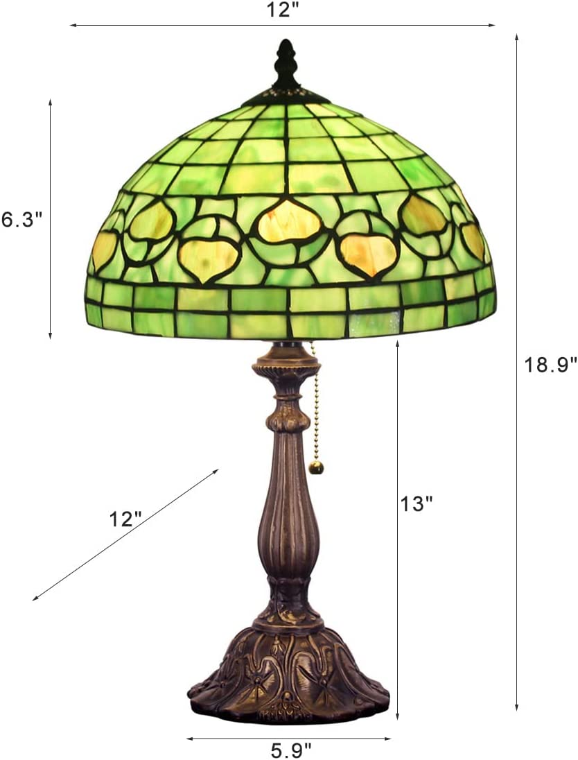 SHADY  Style Table Lamp W12H19 inch Green Stained Glass Antique Bedside Nightstand Desk Reading Lamp Work Study Desktop Light Decor Home Kids Bedroom Living Room Office Pull Chain