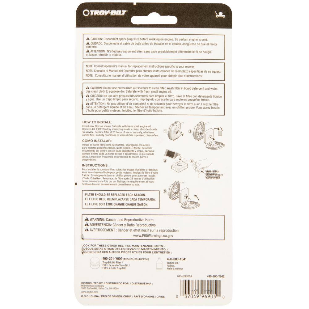 Troy-Bilt Air Filter for Troy-Bilt Walk Behind Mowers with Briggs and Stratton Engines Replaces 799579 BS-799579 5434K 490-200-Y042