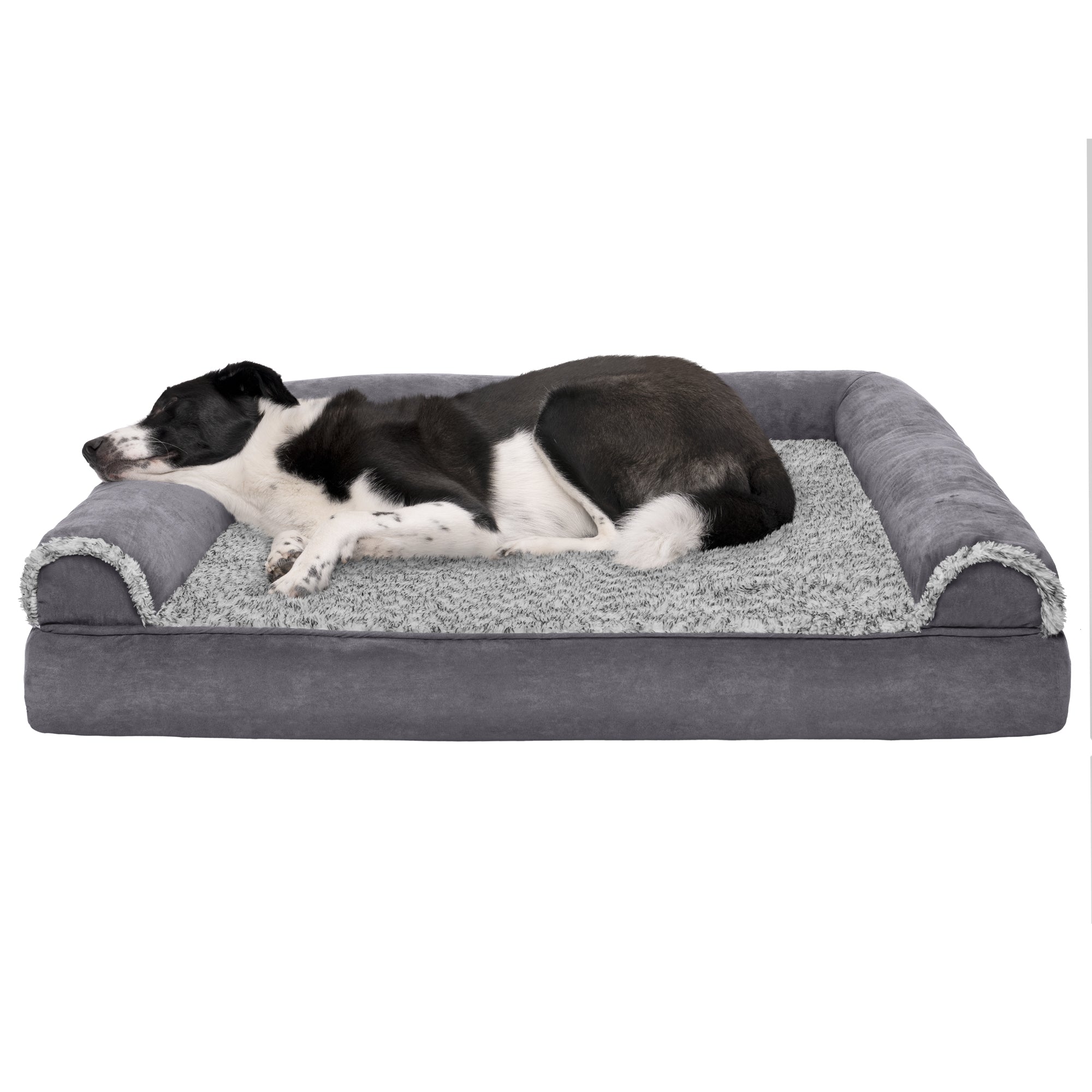 FurHaven Pet Products | Full Support Orthopedic Two-Tone Faux Fur and Suede Sofa Pet Bed for Dogs and Cats - Stone Gray， Jumbo