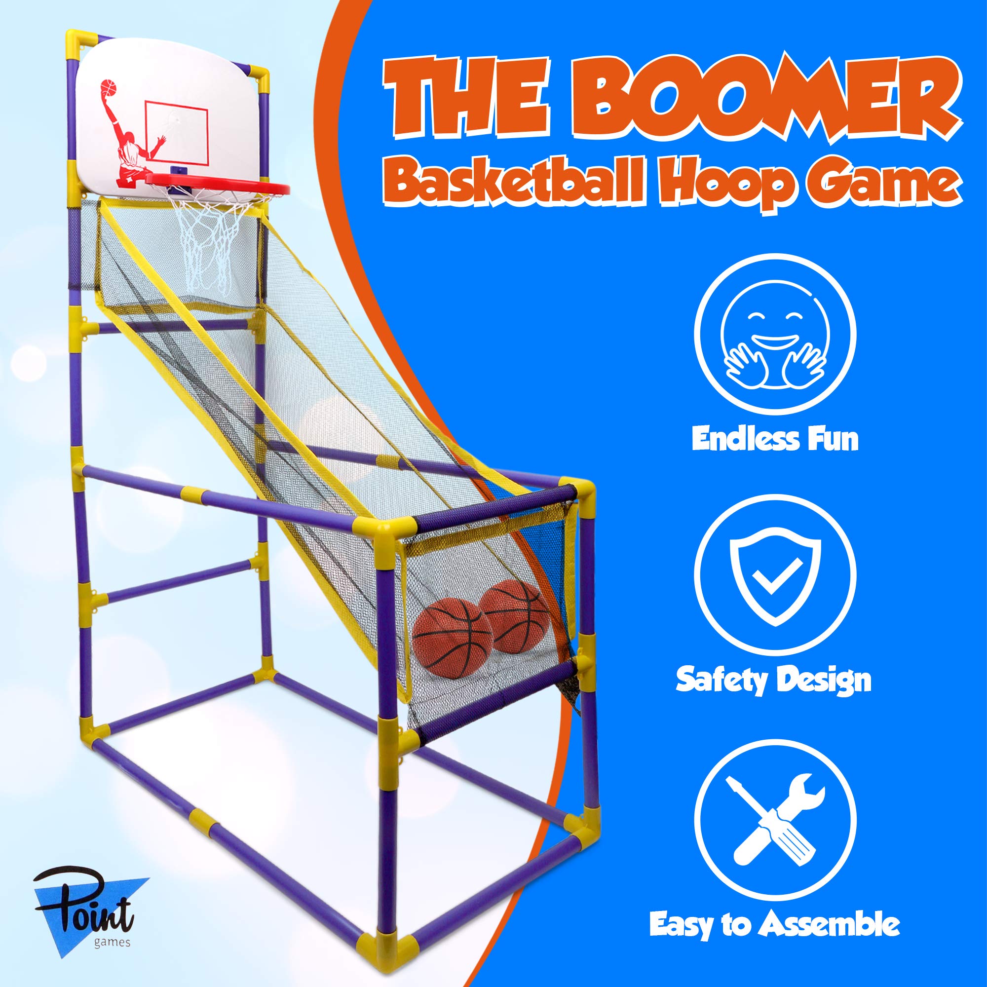 Point Games The Boomer Basketball Hoop Game， Indoor or Outdoor Arcade Sport Toy， Easy to Install， Fun and Entertaining for all Ages