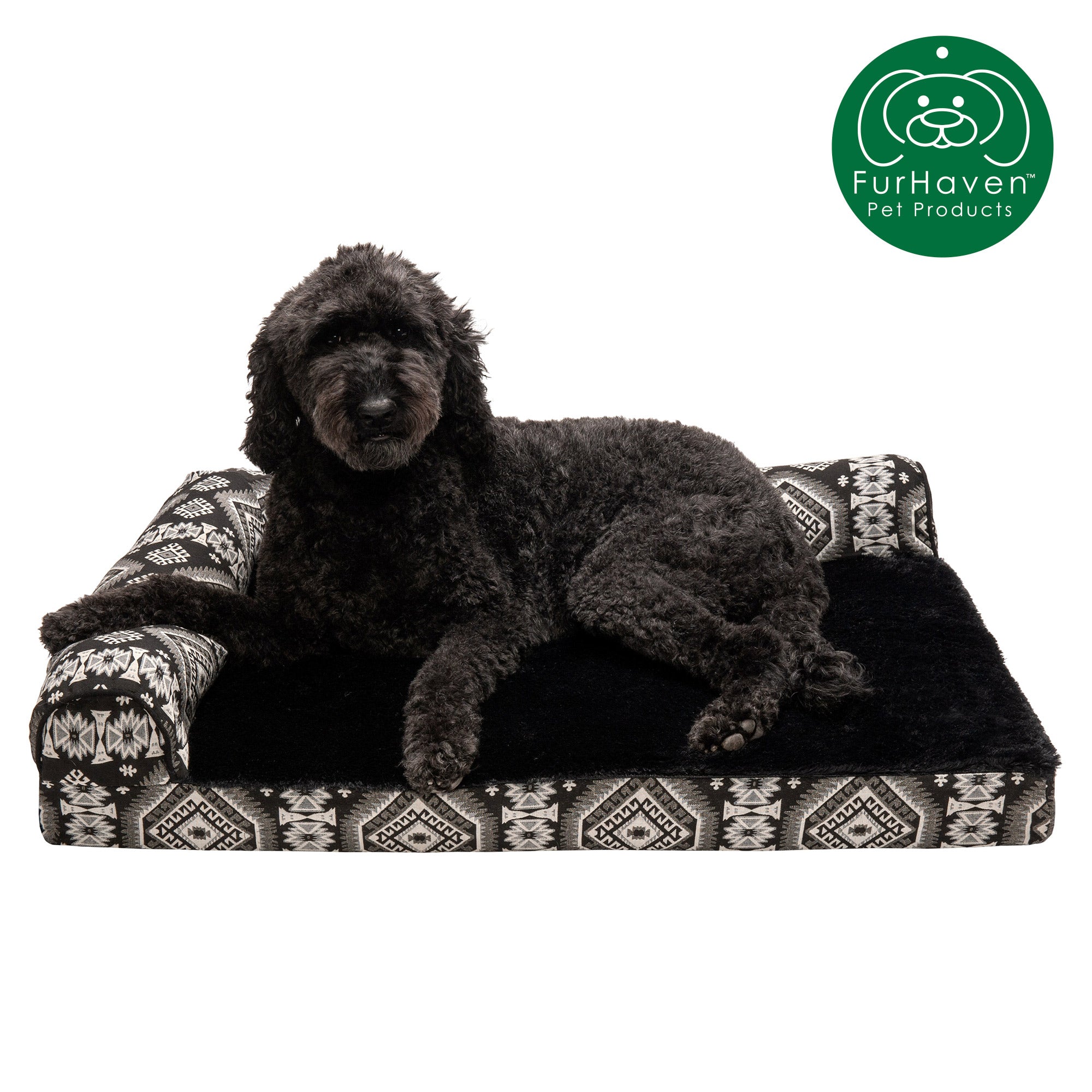 FurHaven Pet Dog Bed | Deluxe Memory Foam Southwest Kilim L-Shaped Chaise Couch Pet Bed for Dogs and Cats， Black Medallion， Large