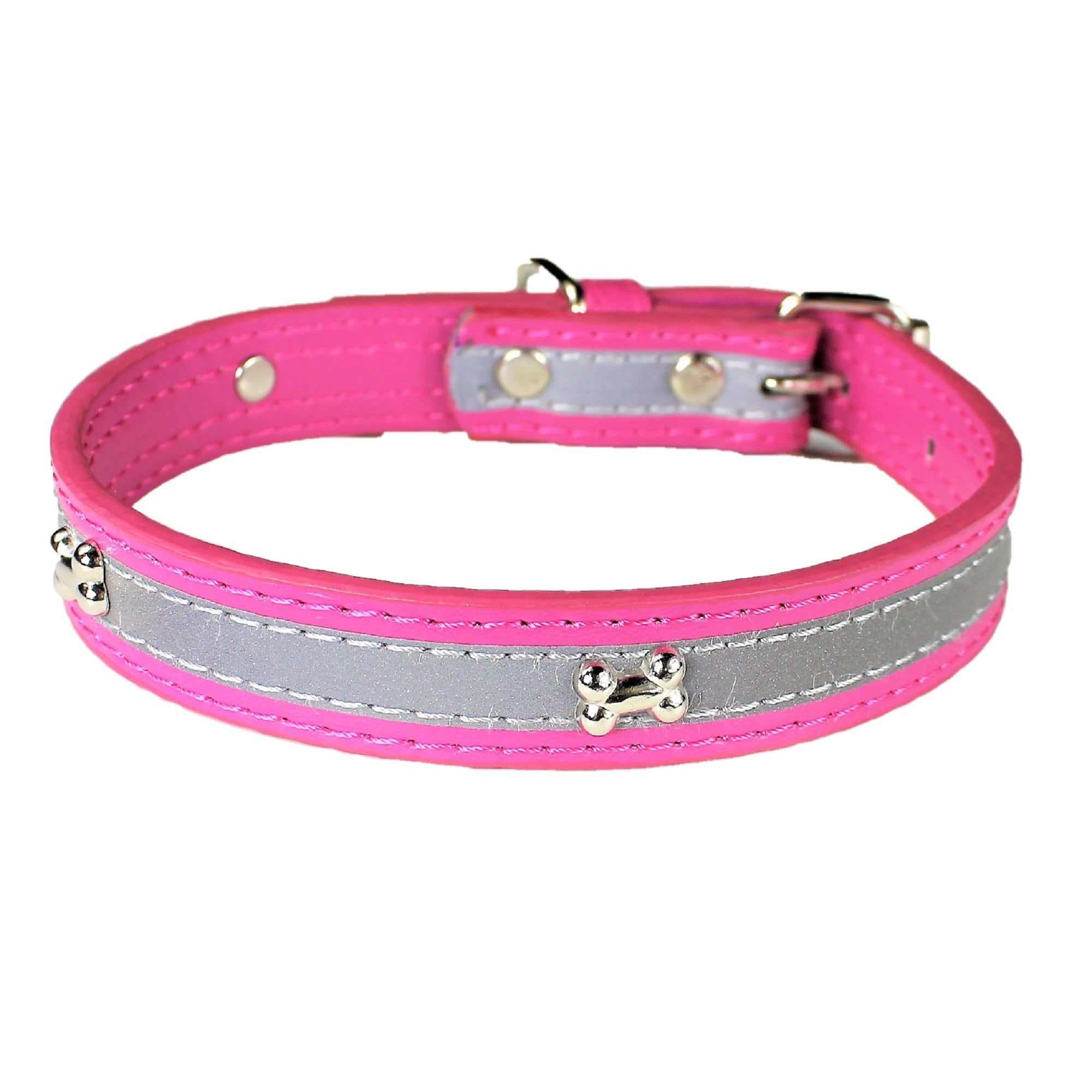 Dog Collar REFLECTIVE Metal Buckle PU Leather Pink sz Small Neck 11