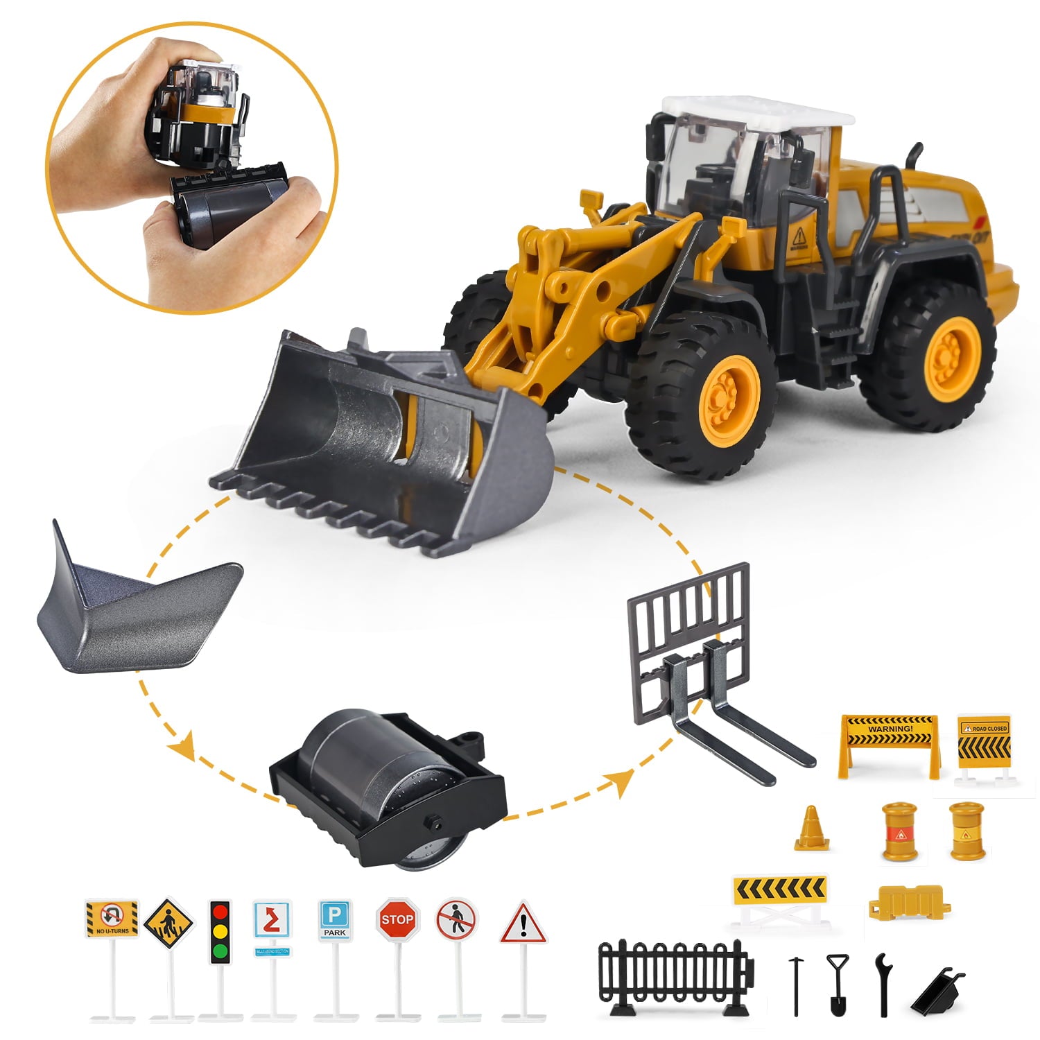 1:55 Construction Vehicle Toy Set Snow Plow Road Roller Forklift Bulldozer Toy for Kids， 4 Alloy Interchangeable Parts