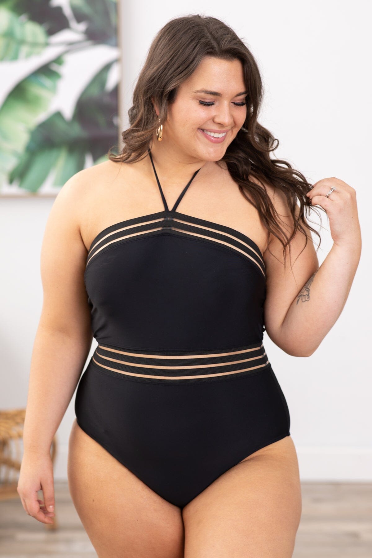Black Halter Neck One Piece Swimsuit