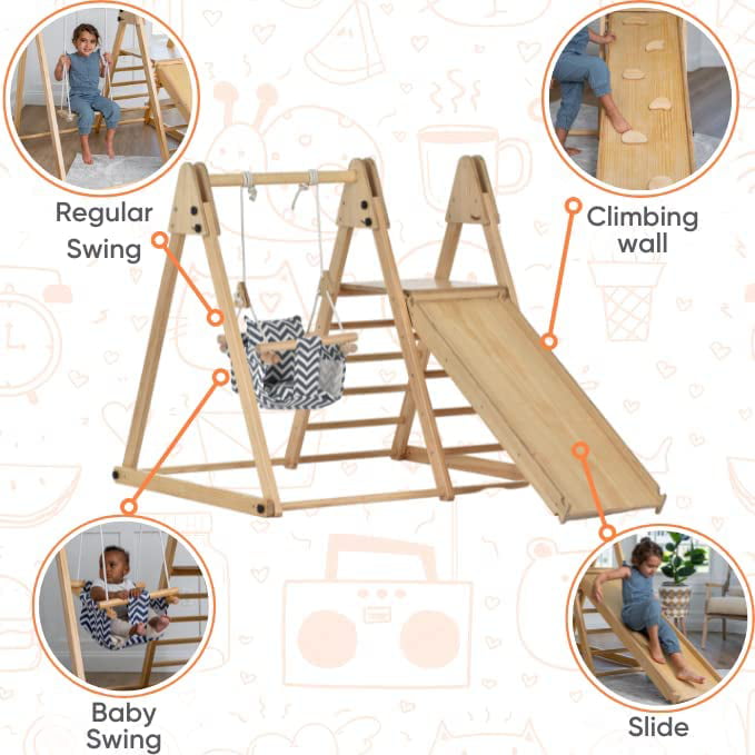 Avenlur Juniper Montessori Toddler Playset Indoor Playground Folding Gym， Interchangeable Baby/Toddler Swing 5 in 1 Multifunctional Foldable， Ladder Climber， Slide， Rock Climbing Kids Ages 1yr - 5yrs