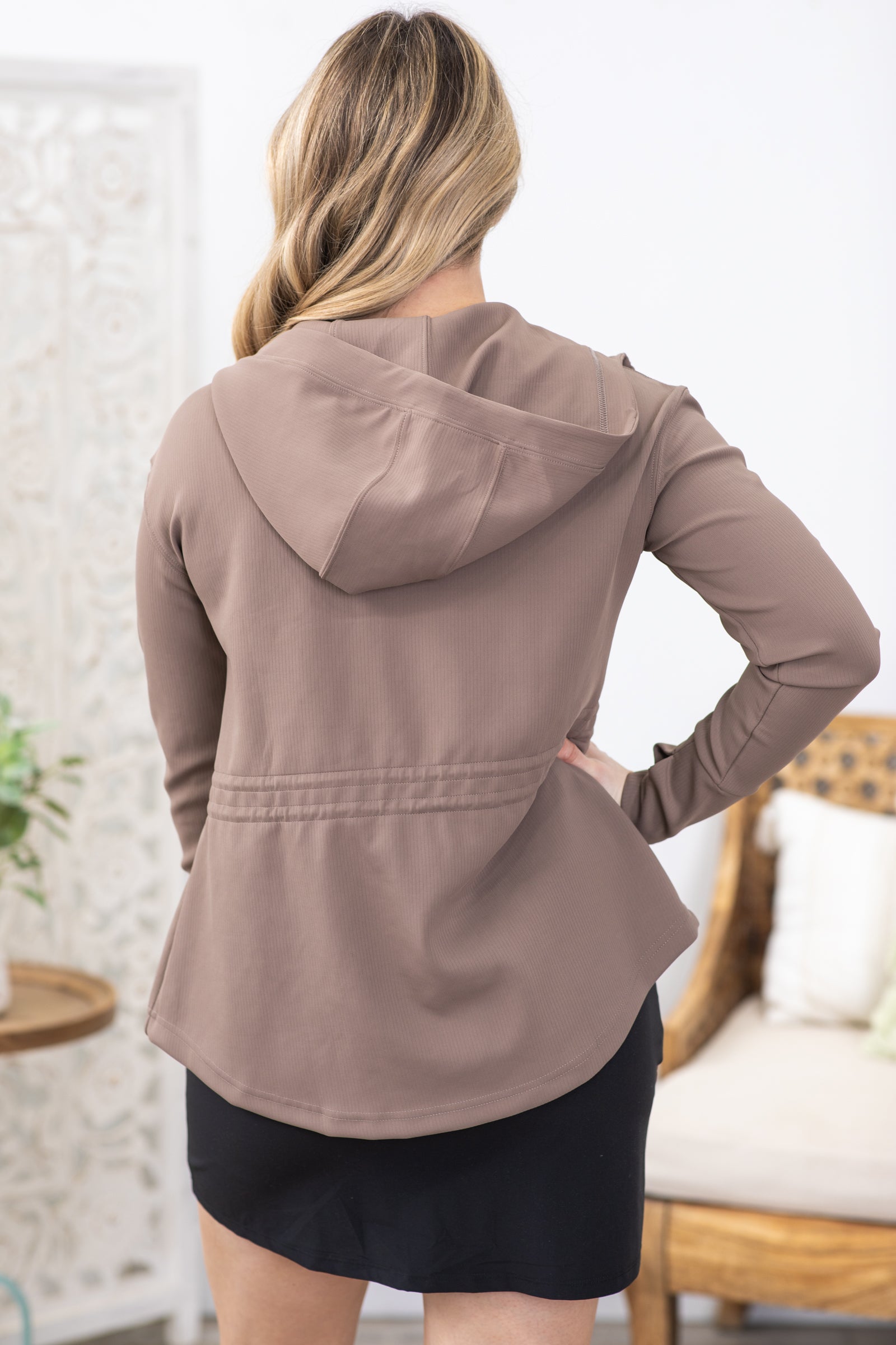 Mocha Jacquard Ribbed Hoodie Jacket
