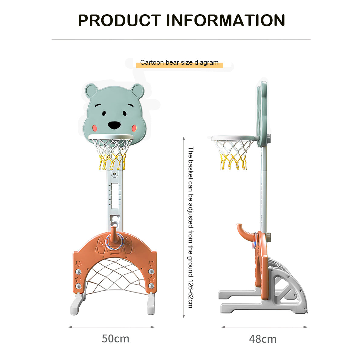 Basketball Hoop Set Stand， Kids 3-in-1 Sports Activity Center， Adjustable Basketball Stand Set with Ring Toss/Basketball /Football