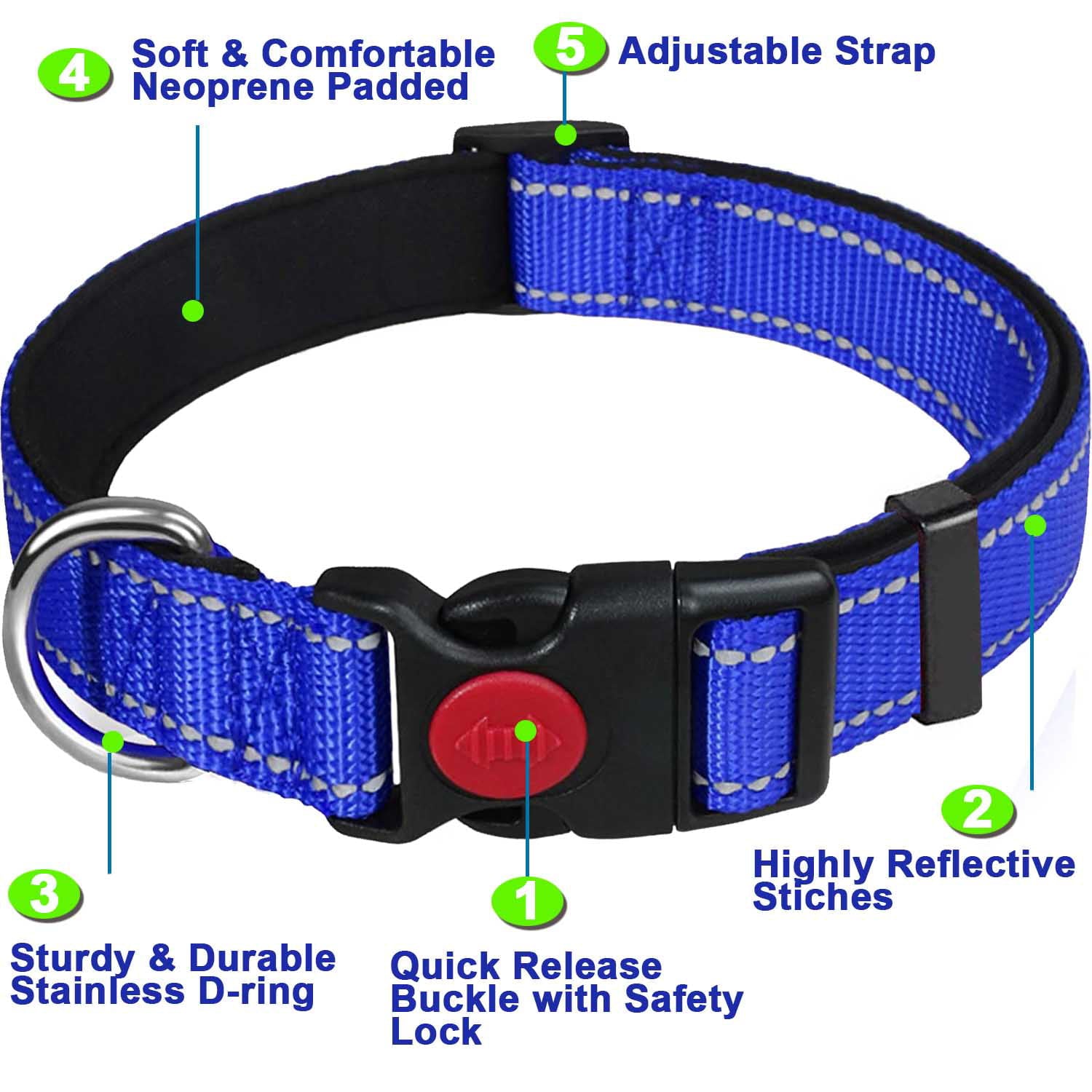 HKEEY Dog Collar， Adjustable Reflective Nylon Dog Collar Classic Solid Colors， Soft Neoprene Padding for Small Medium Sized Dogs Neck (9-14.2 inch)