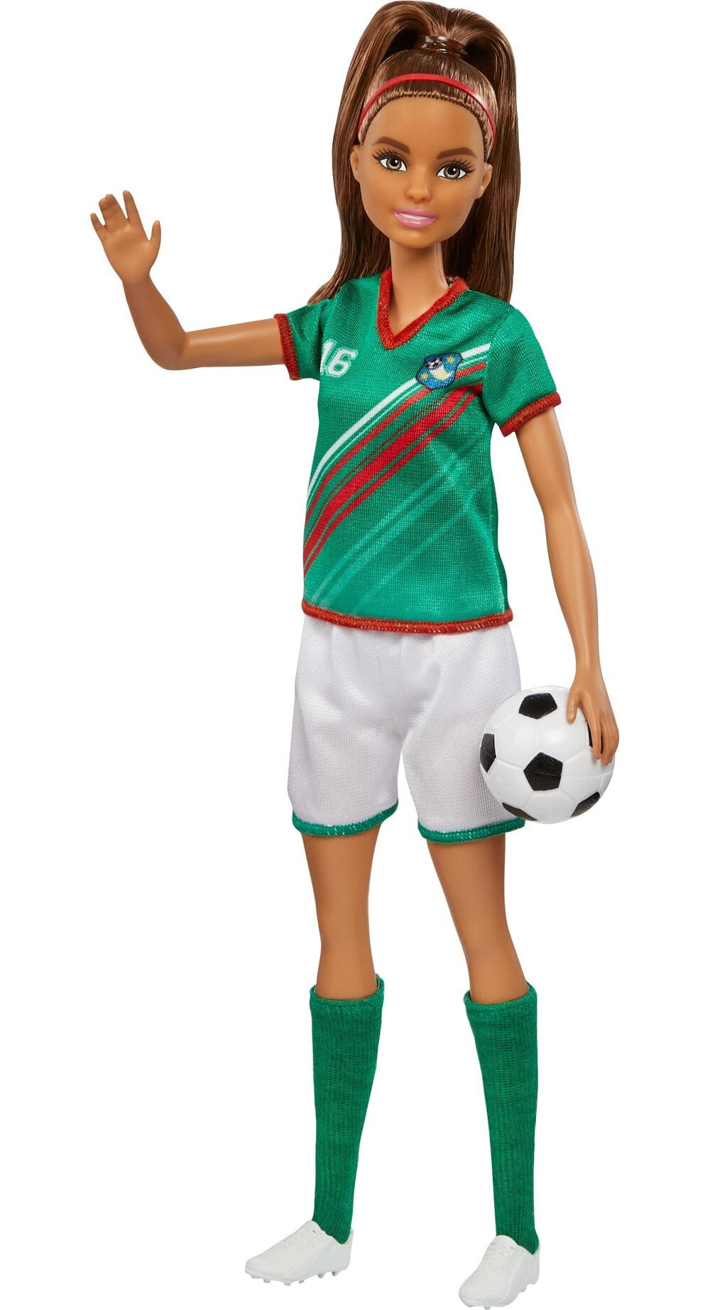 Barbie Soccer Fashion Doll Dressed in Cleats, Colorful #16 Uniform & Tall Socks, Brunette Ponytail