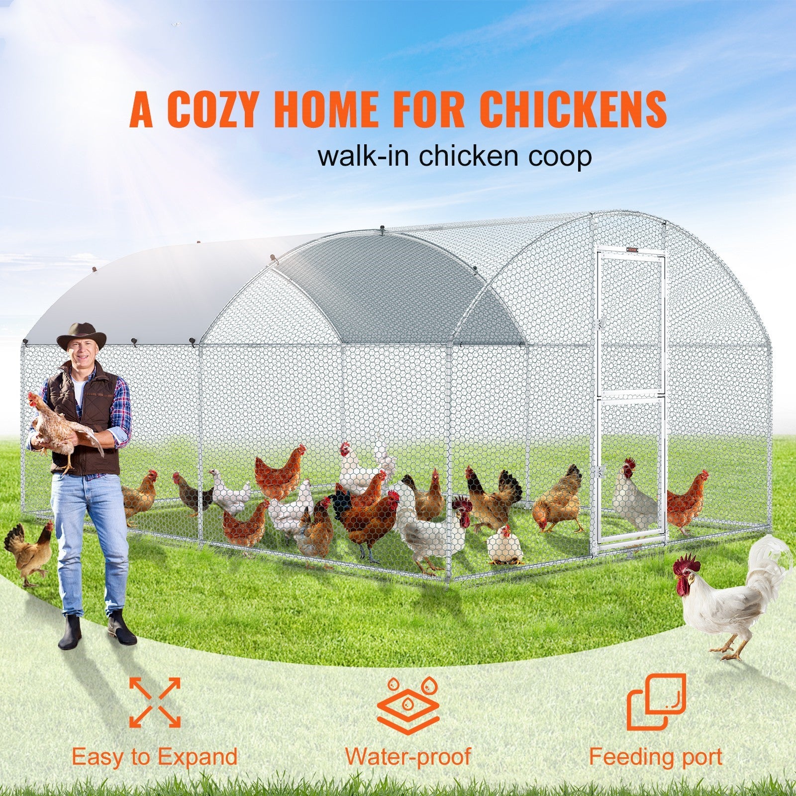 BENTISM Large Metal Chicken Coop Walk-In Chicken Run 13.1x9.8x6.6 ft Dome Roof