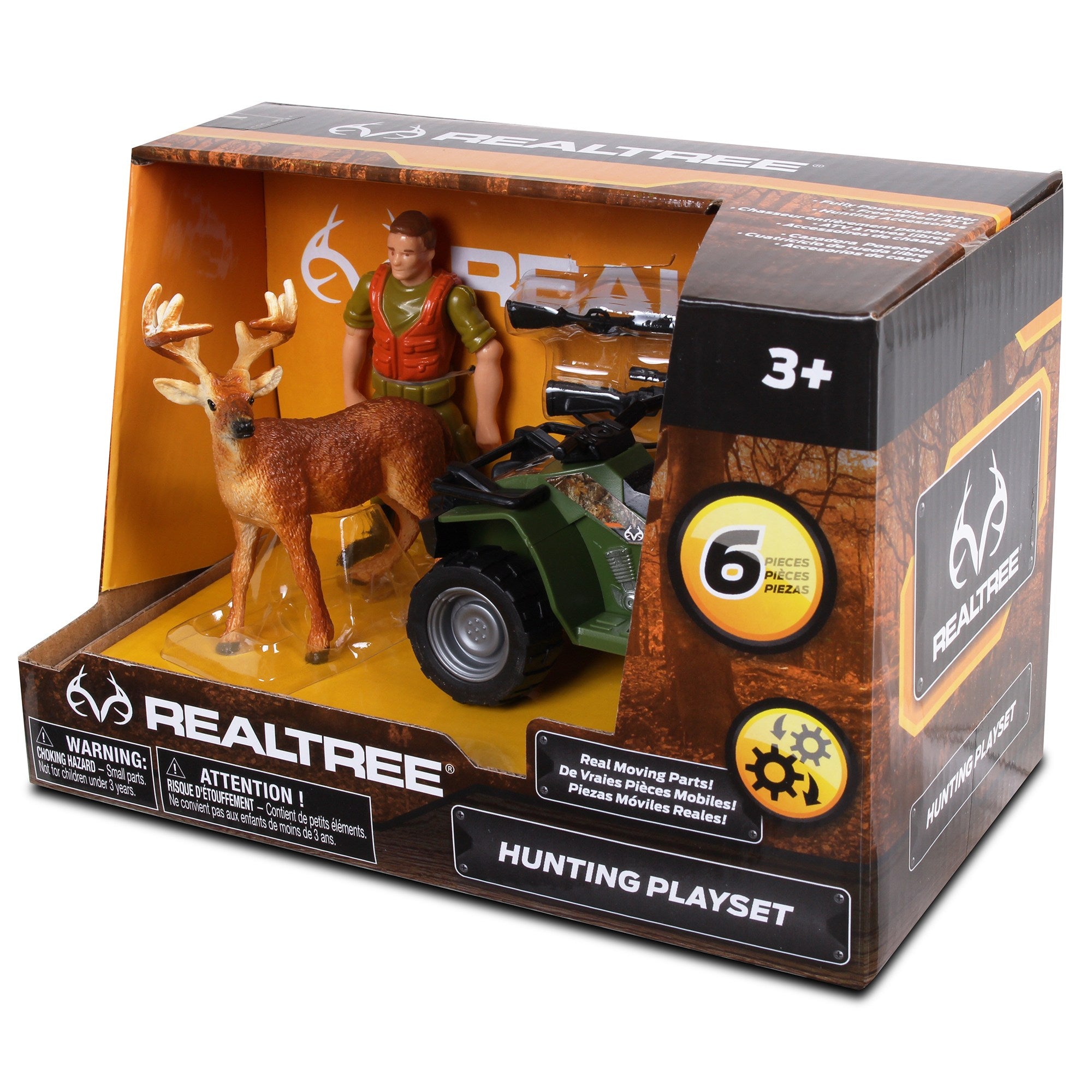 RealTree: Hunting Playset - 6 Piece 1:18 Scale W/ Freewheel Vehicle， ATV Buck Hunting Set ， Ages 3+