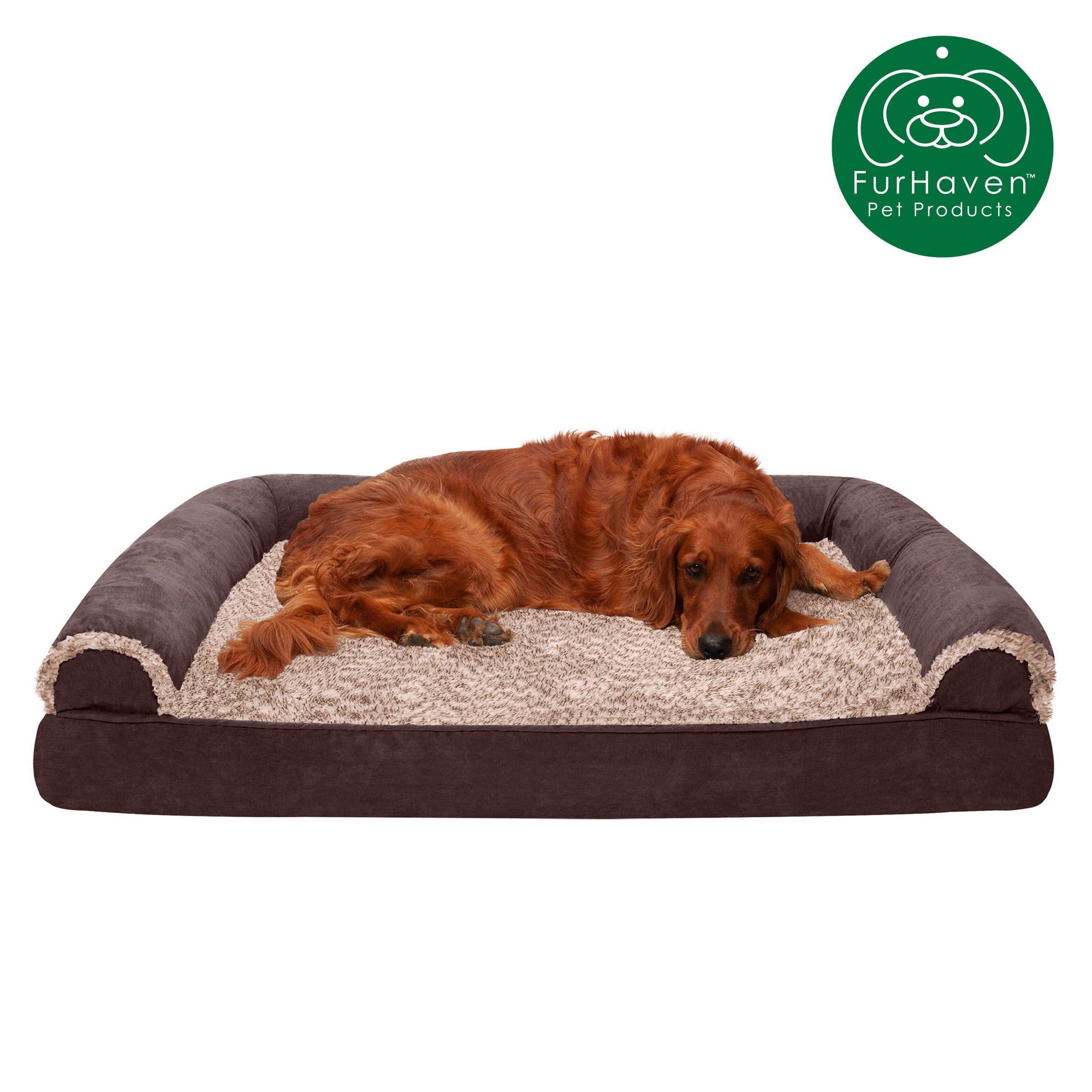FurHaven Pet Products | Memory Foam Two-Tone Faux Fur and Suede Sofa-Style Couch Pet Bed for Dogs and Cats - Espresso， Jumbo
