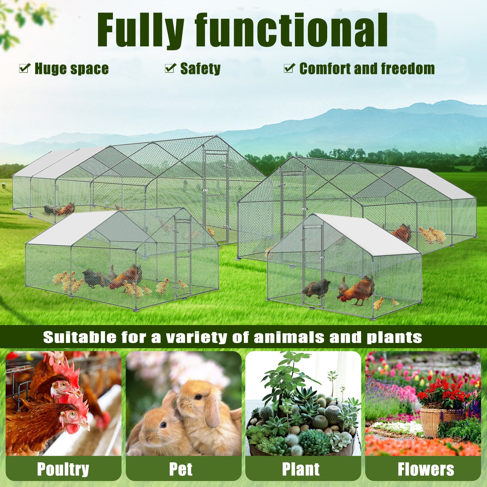 HENGMEI Extra Large Galvanized Chicken Coop， Metal Hen Run Rabbits Habitat Pet Animal House， Spire Shaped Coops 9.8' x 13' x 6.6'