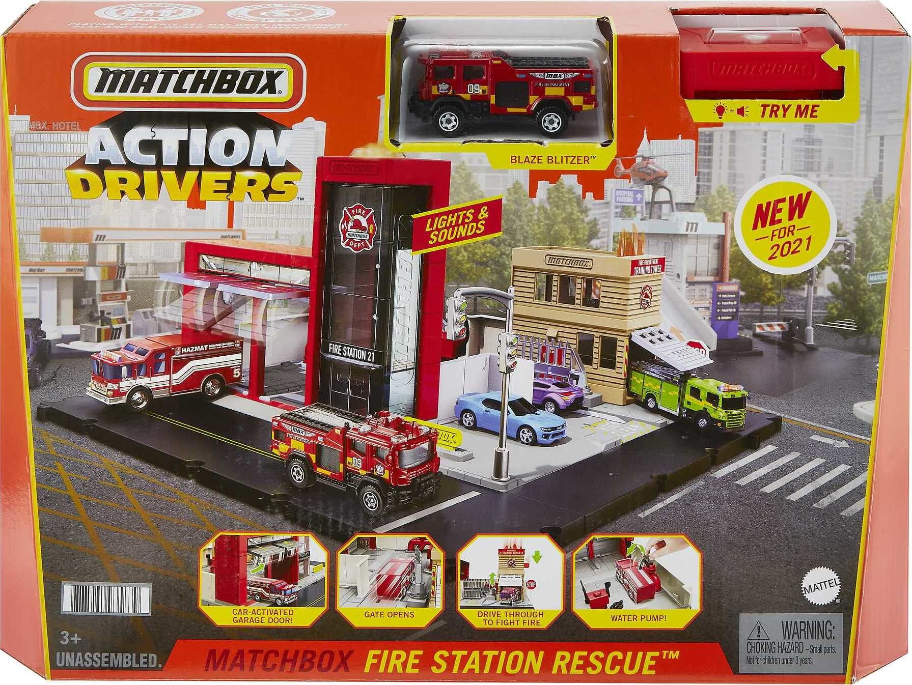 Matchbox Action Drivers Fire Station Rescue Playset and 1:64 Scale Toy Firetruck with Lights and Sounds