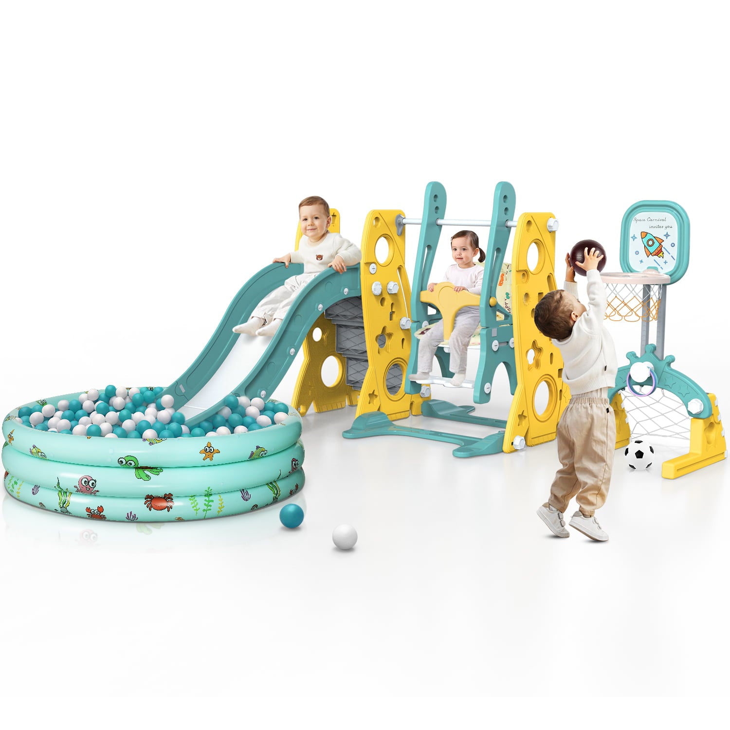 GIKPAL 6 in 1 Toddler Slide and Swing Set， Climber Slide Playset with Basketball Hoop Long Slide and Ball Pool for Kids Indoor Outdoor