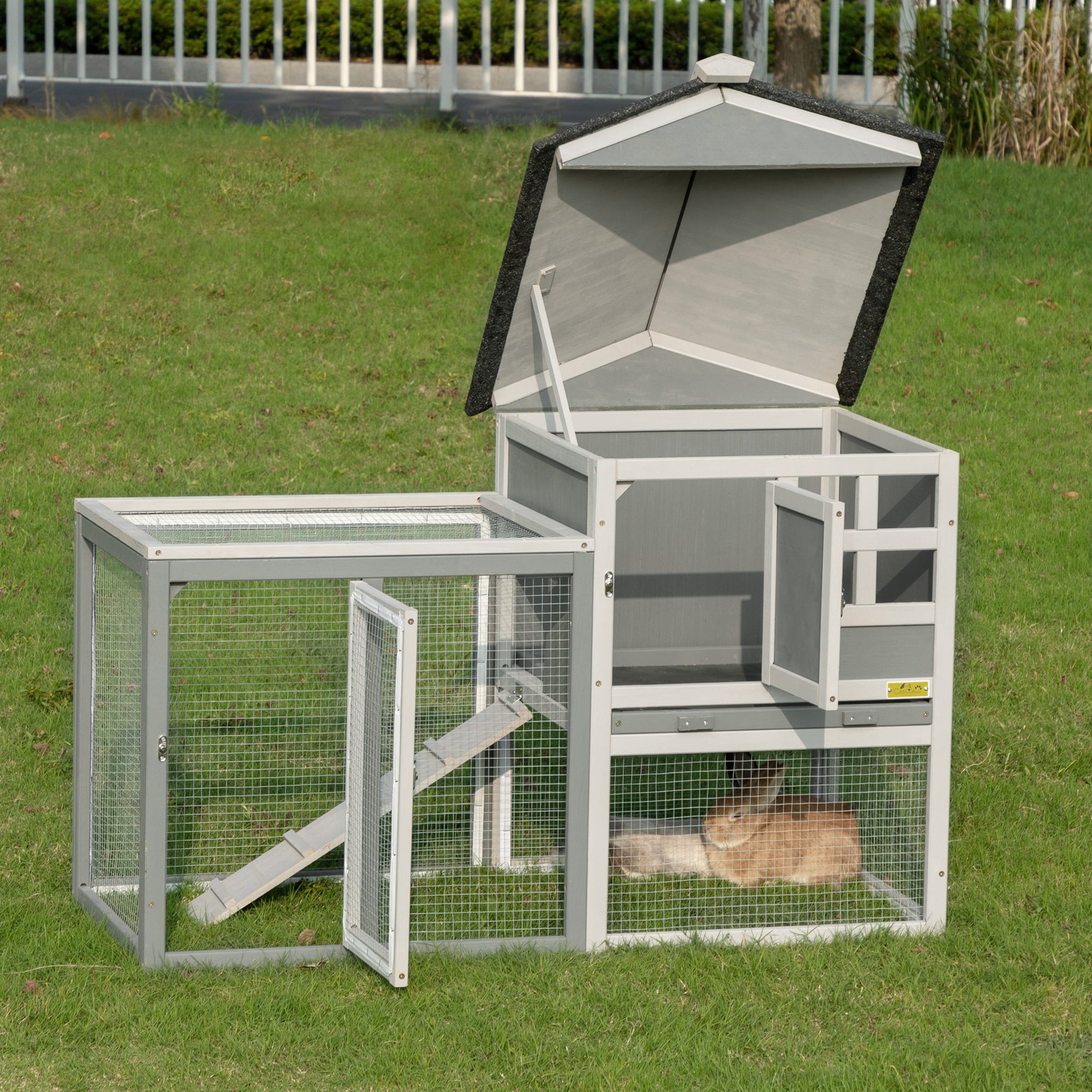 Coziwow Wooden Rabbit Hutch Small Animal Cage Guinea Pig Coop W/ Openable Roof， Gray