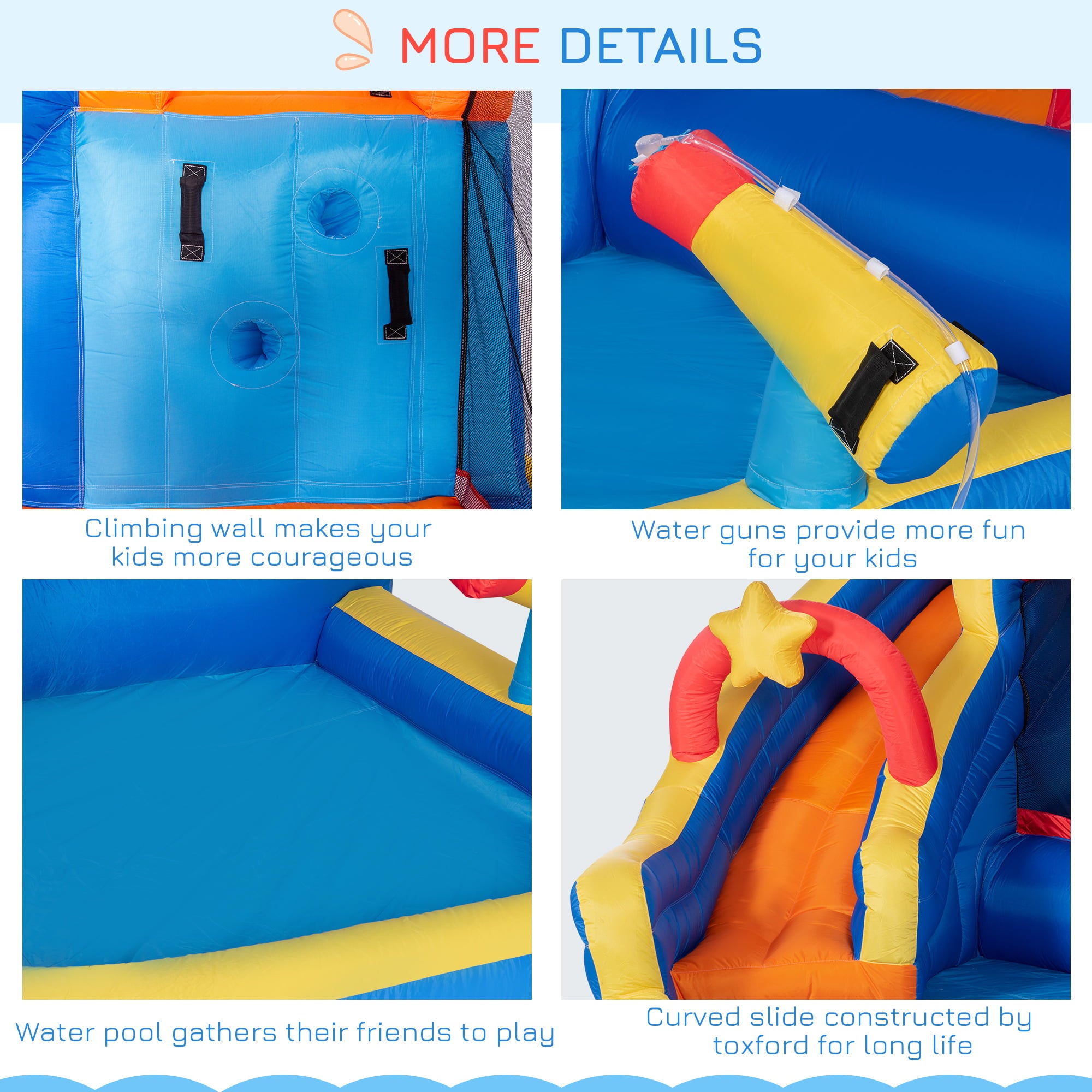 Outsunny 5-in-1 Backyard Inflatable Bounce House with Slide， Climbing Wall， Water Gun， and More， Inflatable Water Slide for Kids with 2 Min. Inflation， Large Outdoor Game for Birthday Party Activities