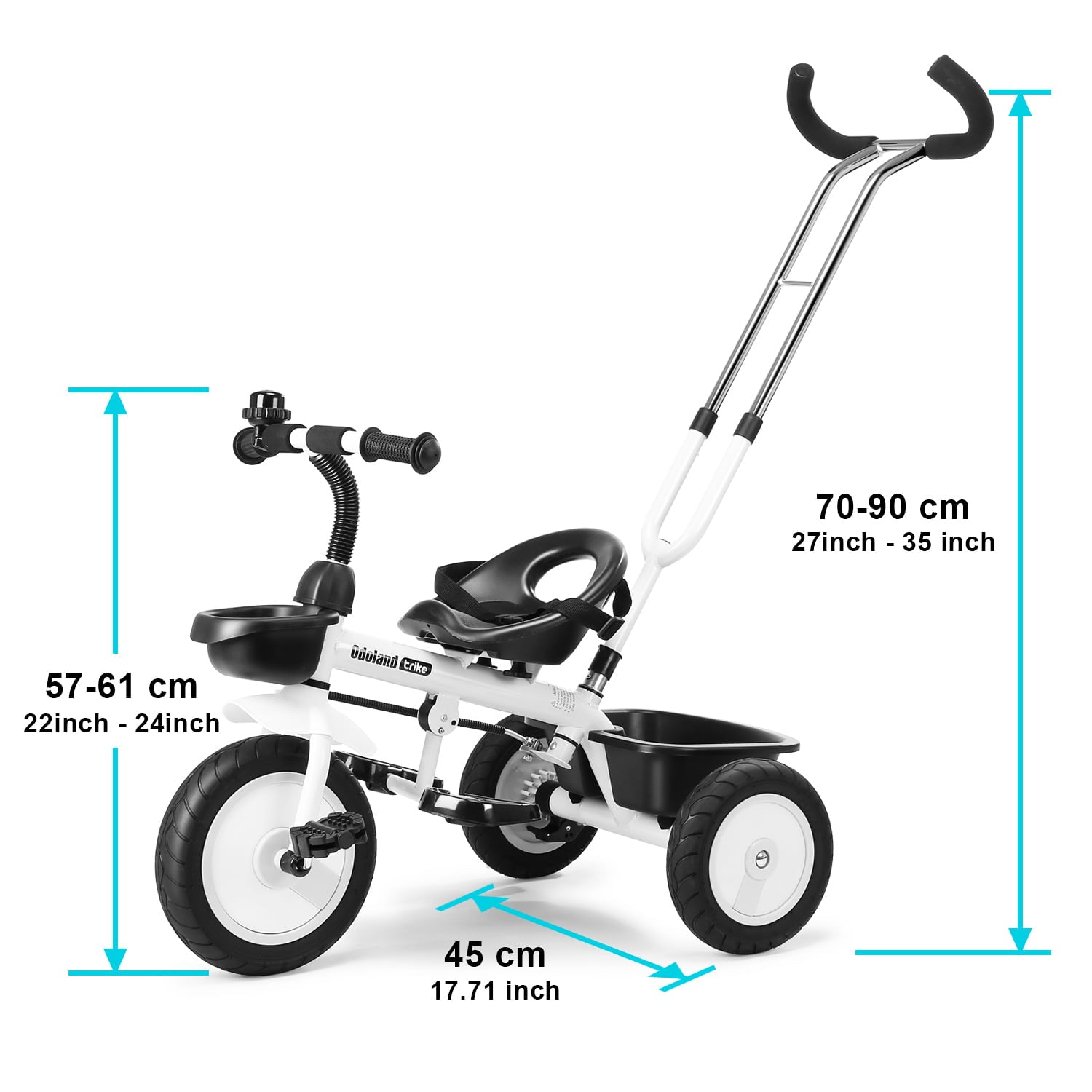 Odoland Kids' Tricycles Push Bike for 1-5 Years Old， Toddler Bicycle， Toddler Tricycle， Stroller Tricycle Walker With Retractable Push Handle，Safe Belt and 2 Storage baskets