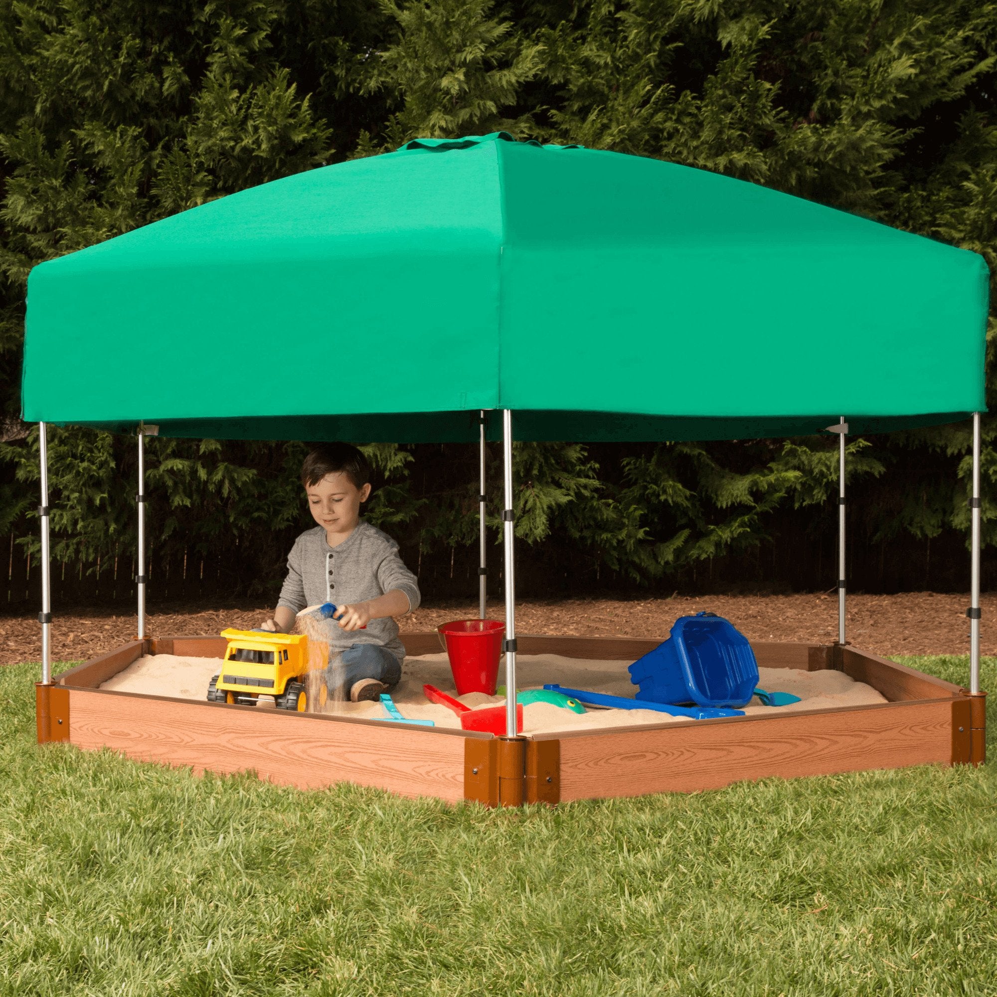 Frame It All Tool-Free Classic Sienna 7ft. x 8ft. x 5.5 in. Composite Hexagon Sandbox Kit with Telescoping Canopy/Cover - 1