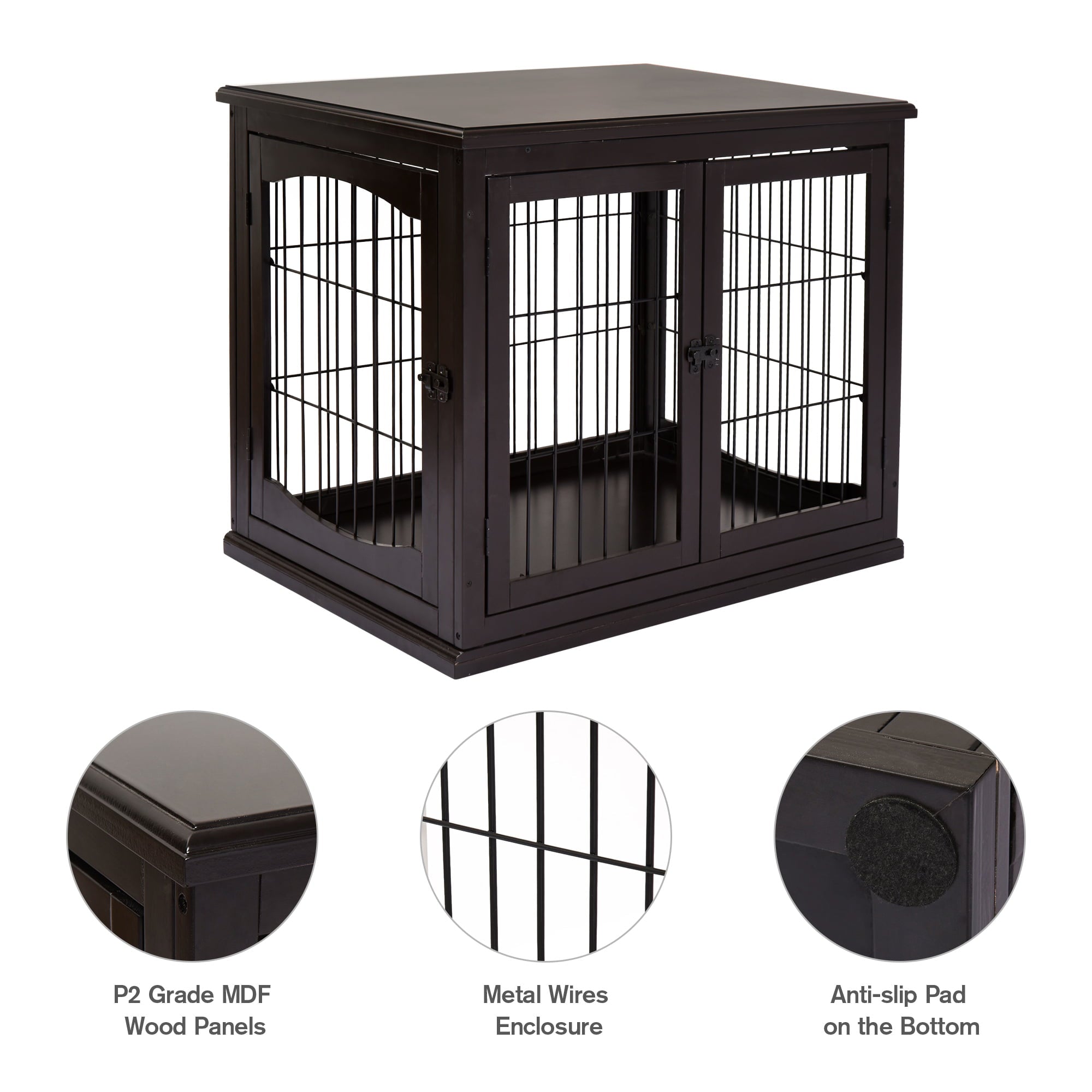 Pawhut Wooden Decorative Dog Cage Pet Crate Kennel with Double Door Entrance， Dark Brown， 26''