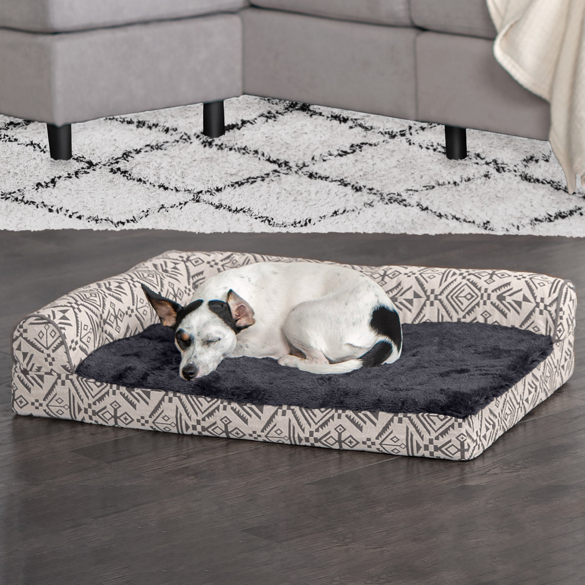 FurHaven Pet Products | Deluxe Cooling Gel Memory Foam Orthopedic Southwest Kilim L-Shaped Chaise Couch Pet Bed for Dogs and Cats， Boulder Gray， Medium