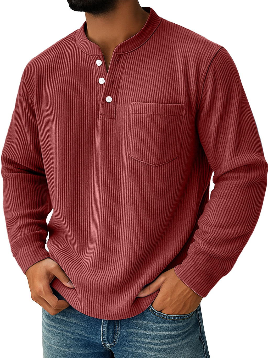 Men's Simple Everyday Ribbed Stand Collar Pocket Casual Long Sleeve Henley Shirt