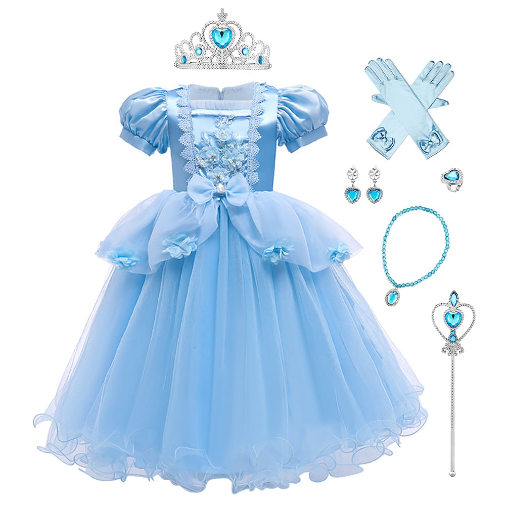 IMEKIS Cinderella Costume for Toddler Girls Princess Costumes Cinderella Dress Up Jewelry Set Crown Fairy Wand Baby Kids Halloween Cosplay Role Play Birthday Outfit 9-10 Years Light Blue