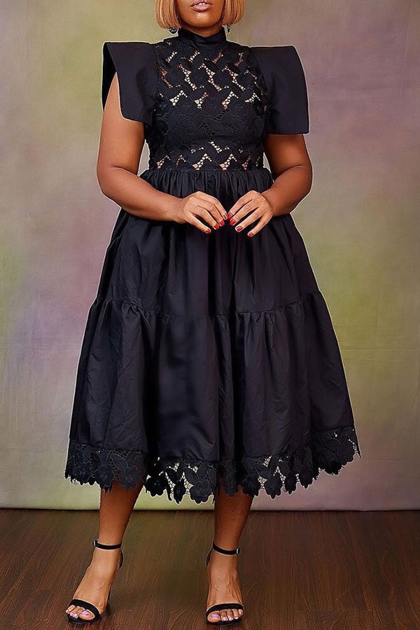 Plus Size Lace Stitching Ruffle Sleeve Babydoll Dress(No pockets)