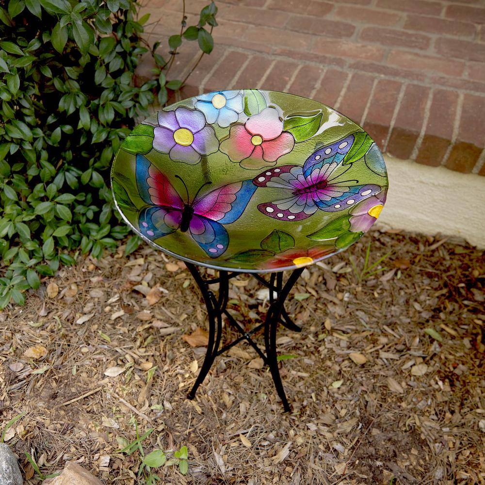 Alpine Corporation 18 in. Round Outdoor Birdbath Bowl Topper with Painted Purple Butterfly and Floral Design KPP612T-18
