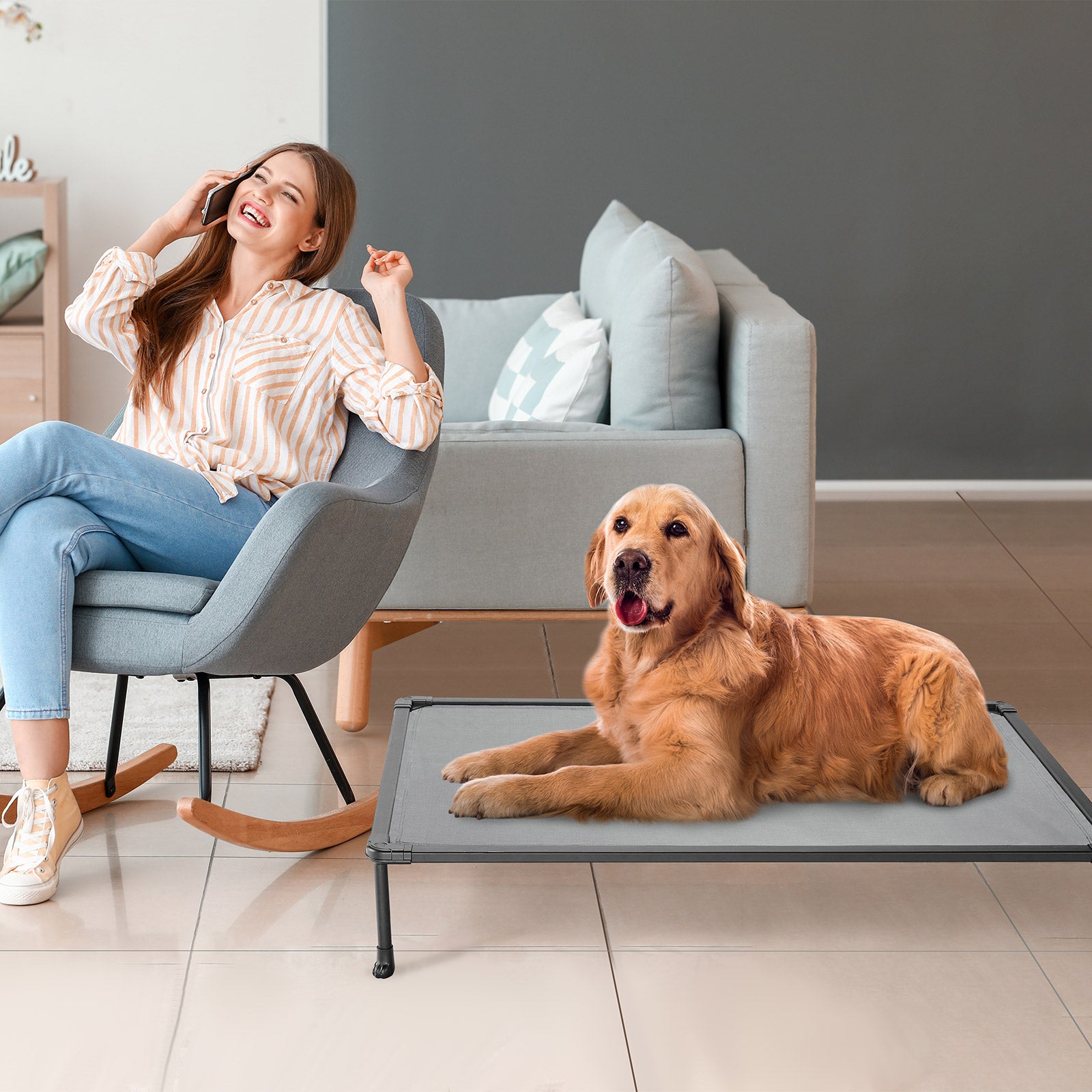 Veehoo Chewproof Dog Bed， Cooling Raised Dog Cots with Black Metal Frame， Large， Silver Grey