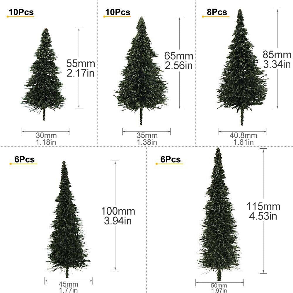 40pcs Dark Green Pine Model Cedar Trees 2.05-4.96 inch (55-120 mm) for Model Railroad Scenery Landscape Layout HO OO Scale