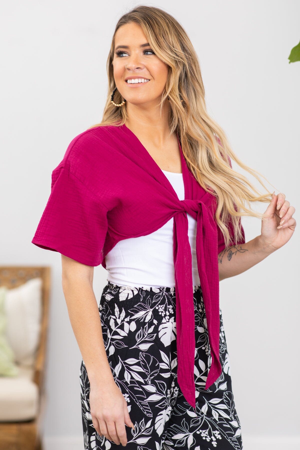 Raspberry Gauze Tie Front Top