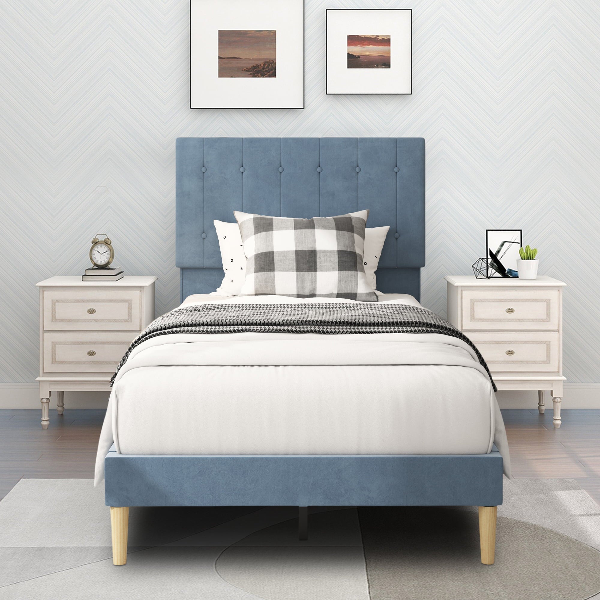 uhomepro Modern Upholstered Platform Twin Bed Frame with Headboard, Heavy Duty Blue Twin Bed Frame with Wood Slat Support, Mattress Foundation for Adults Kids, No Box Spring Needed