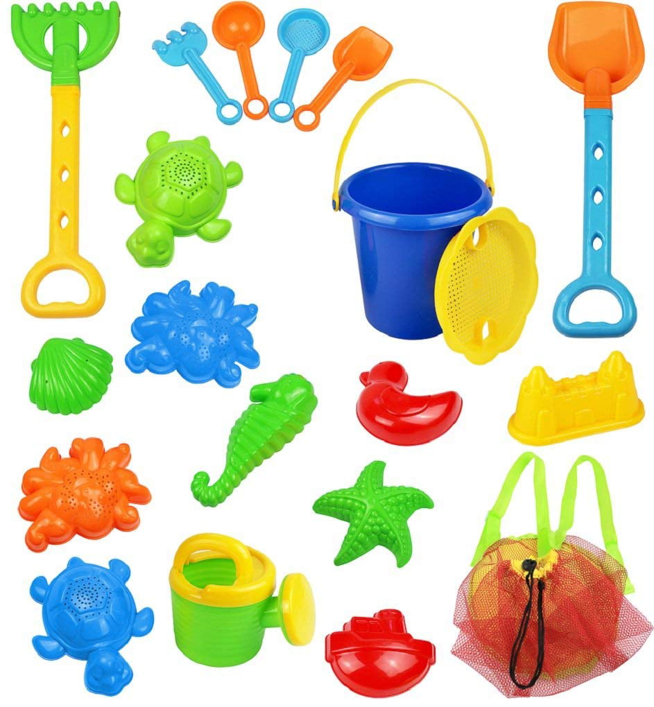 Click N Play 18 Piece Beach sand Toy Set, Bucket, Shovels, Rakes, Sand Wheel, Watering Can, Molds,