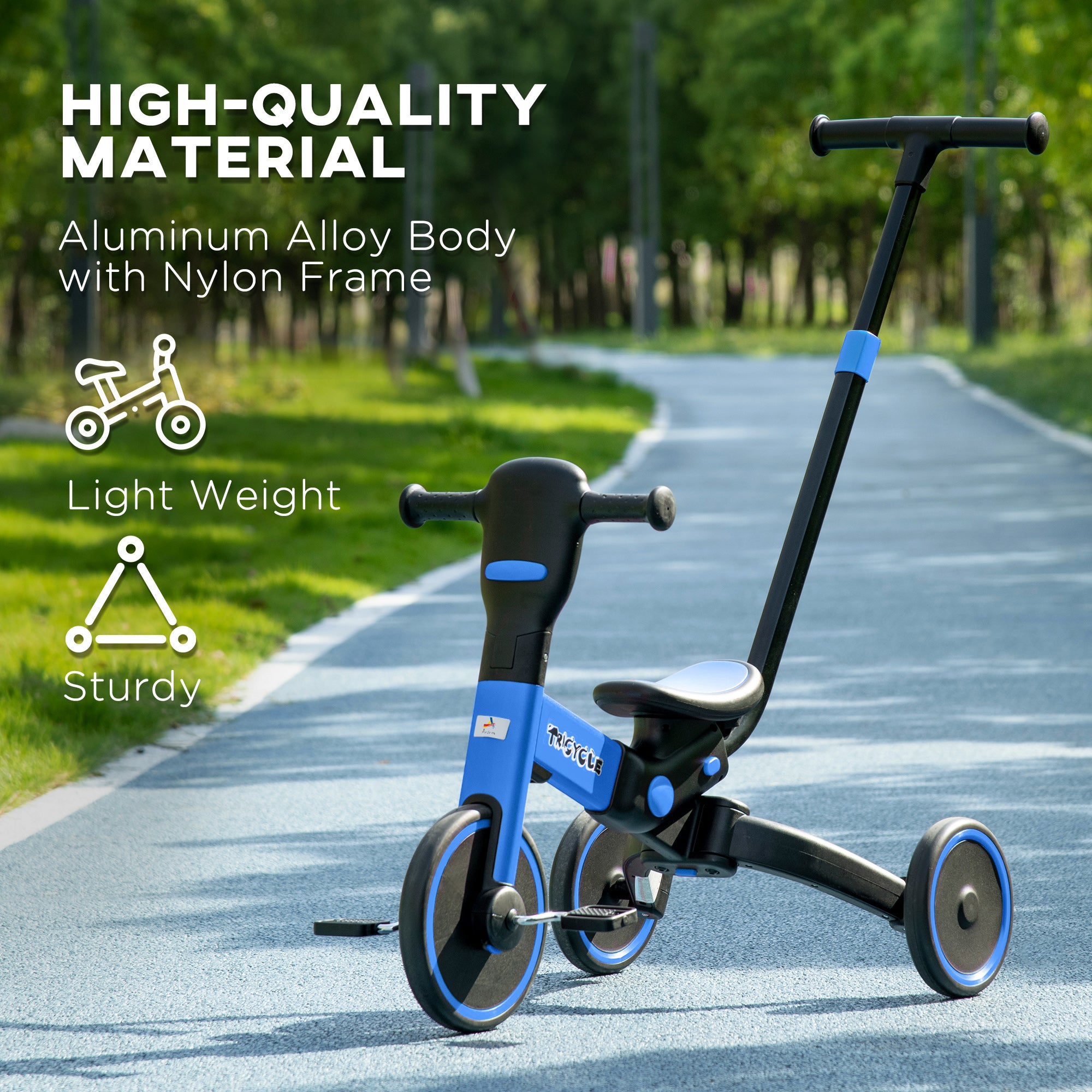 Aosom 4-in-1 Toddler Tricycle， Adjustable Balance Bike， Kids Bike， Baby Bicycle Push Trike for Kids 2-4 with Folding Trike Handle， Outdoor Toy for Toddlers and Kindergarteners， Blue