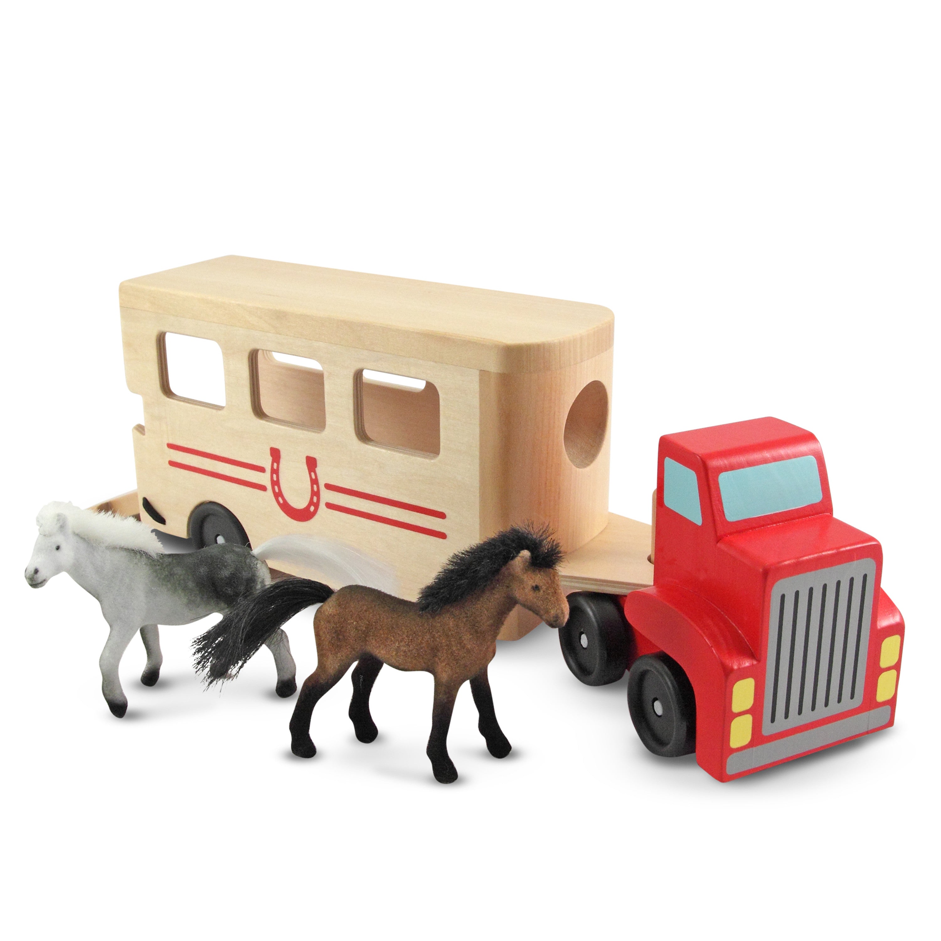 Melissa and Doug Horse Carrier Wooden Vehicle Play Set With 2 Flocked Horses and Pull-Down Ramp