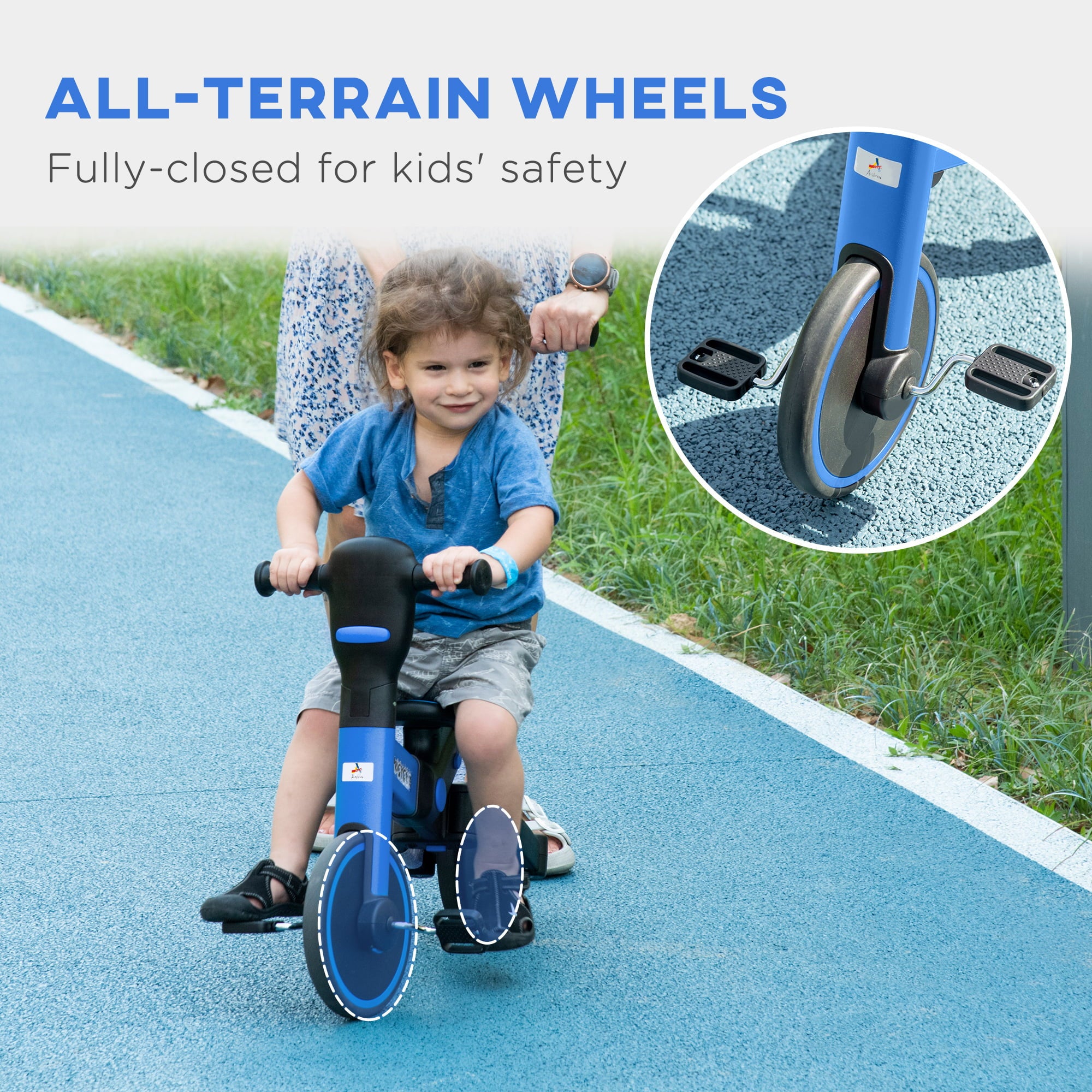 Aosom 4-in-1 Toddler Tricycle， Adjustable Balance Bike， Kids Bike， Baby Bicycle Push Trike for Kids 2-4 with Folding Trike Handle， Outdoor Toy for Toddlers and Kindergarteners， Blue