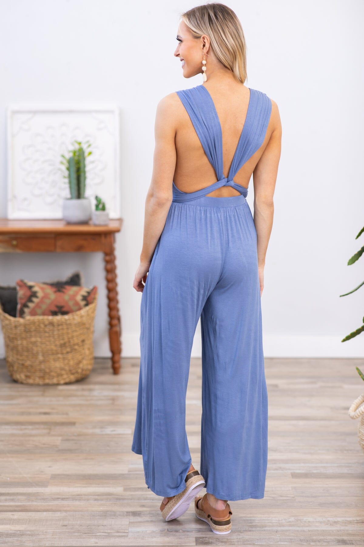 Dusty Blue Convertible Strap Wide Leg Jumpsuit
