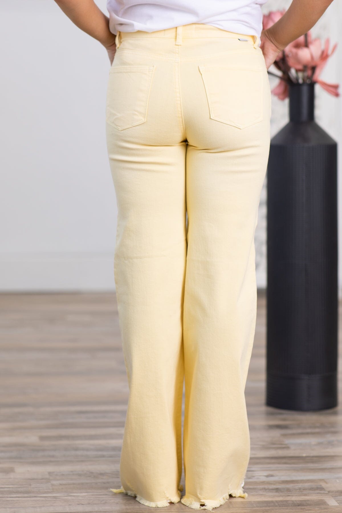 Risen Pastel Yellow Wide Leg Fray Hem Jeans