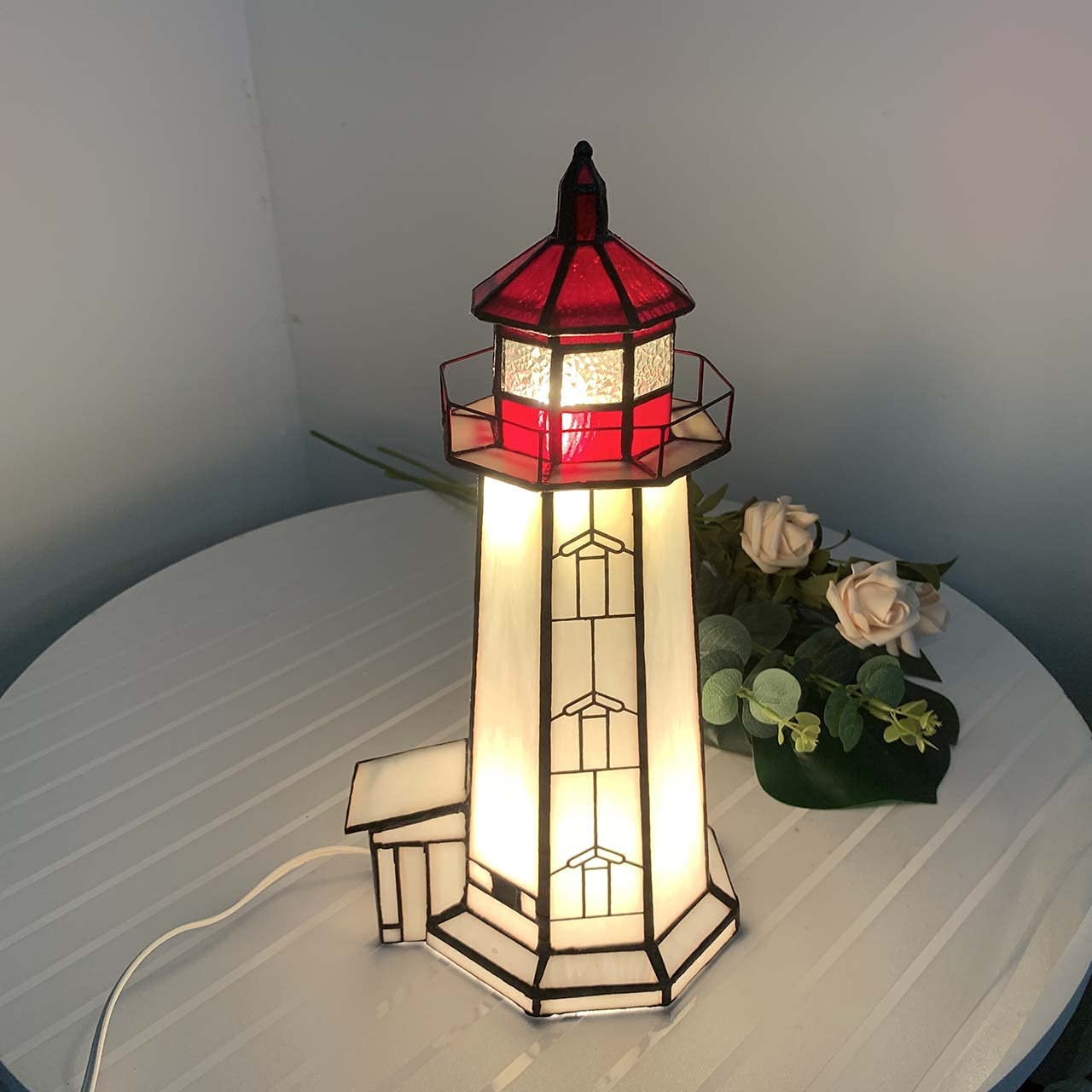 SHADY L10770 Peggy's Point Lighthouse  Style Stained Glass Accent Table Lamp Night Light  12-inches Tall