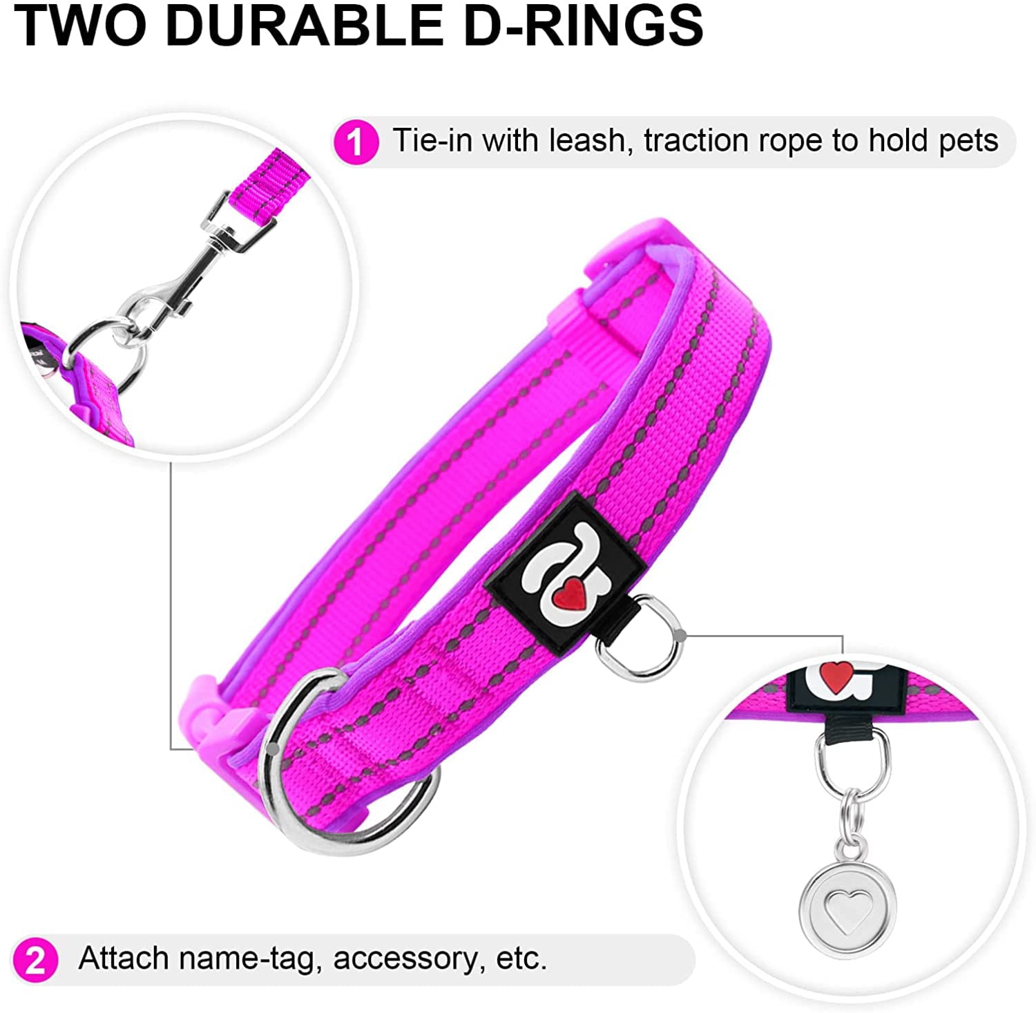 azuza Reflective Dog Collar Super Soft Neoprene Padded Dog Collars with ID Tag Ring for Small Medium Large Dogs