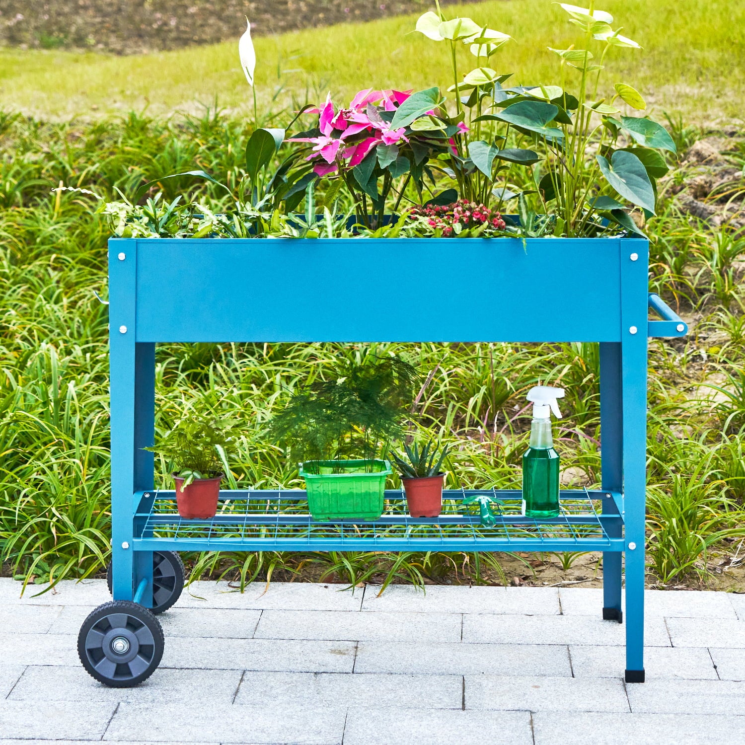 Pushable Blue Metal Raised Garden Bed, Outdoor/Indoor Garden Pots with Handles, Wheels and Shelves, Apartment Patio Stand for Vegetables Flowers Fruits from EXCITED WORK-37.4 inches long
