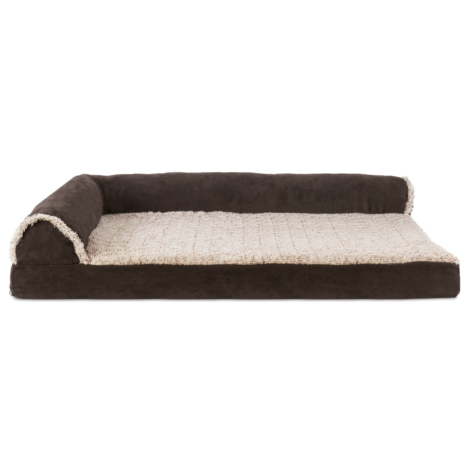 FurHaven | Deluxe Orthopedic Faux Fur and Suede L-Chaise Lounge Pet Bed for Dogs and Cats， Espresso， Large