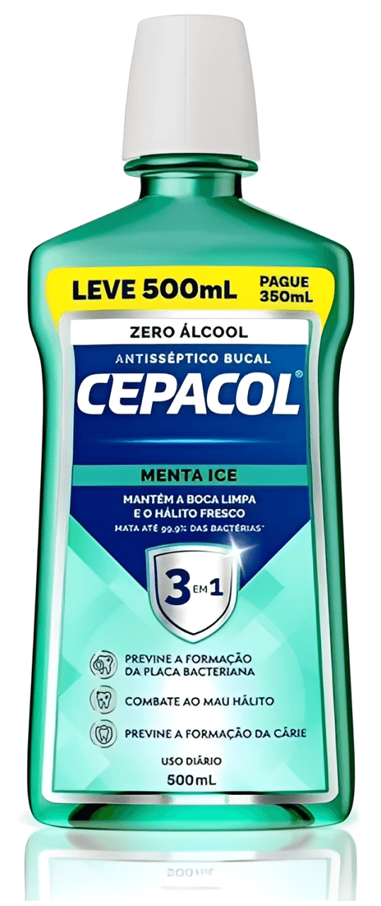 Enxaguante Bucal Antisseptico 3 em 1 Zero Alcool Menta Ice Cepacol Frasco Leve 500ml Pague 350ml