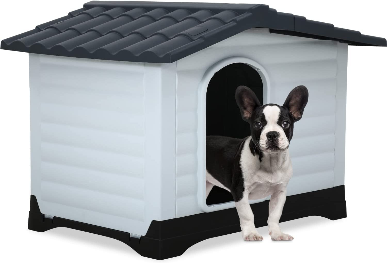 Outdoor Indoor Dog House， Plastic Dog Houses Big Dog House With Base Support For Small Medium Large Dogs 26 Inch High Pet Kennel Shelter with Air Vents Elevated Floor Water Resistant