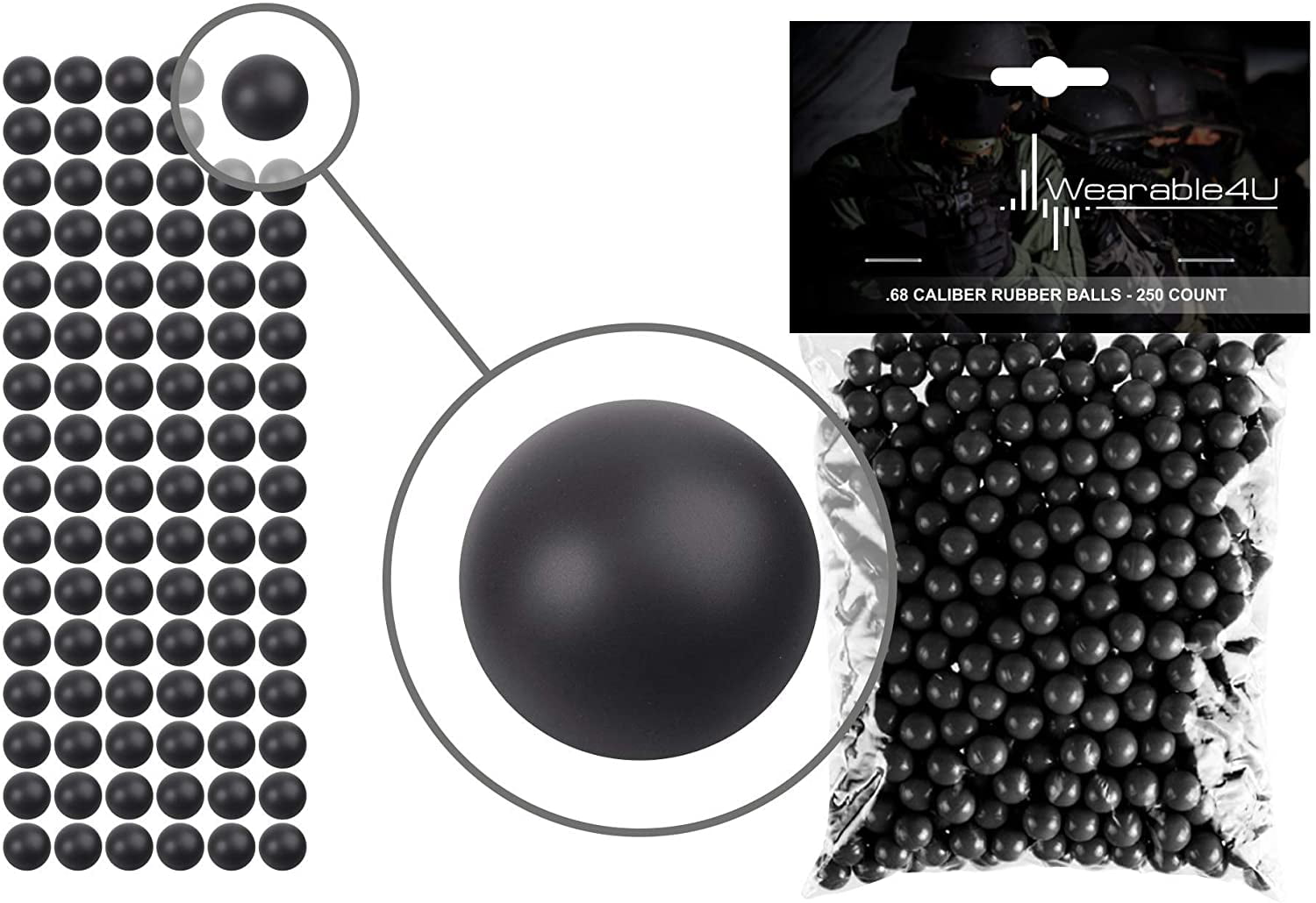 Wearable4U New Reusable Training Soft Rubber Balls 250 pack .68 Caliber (Black Color)