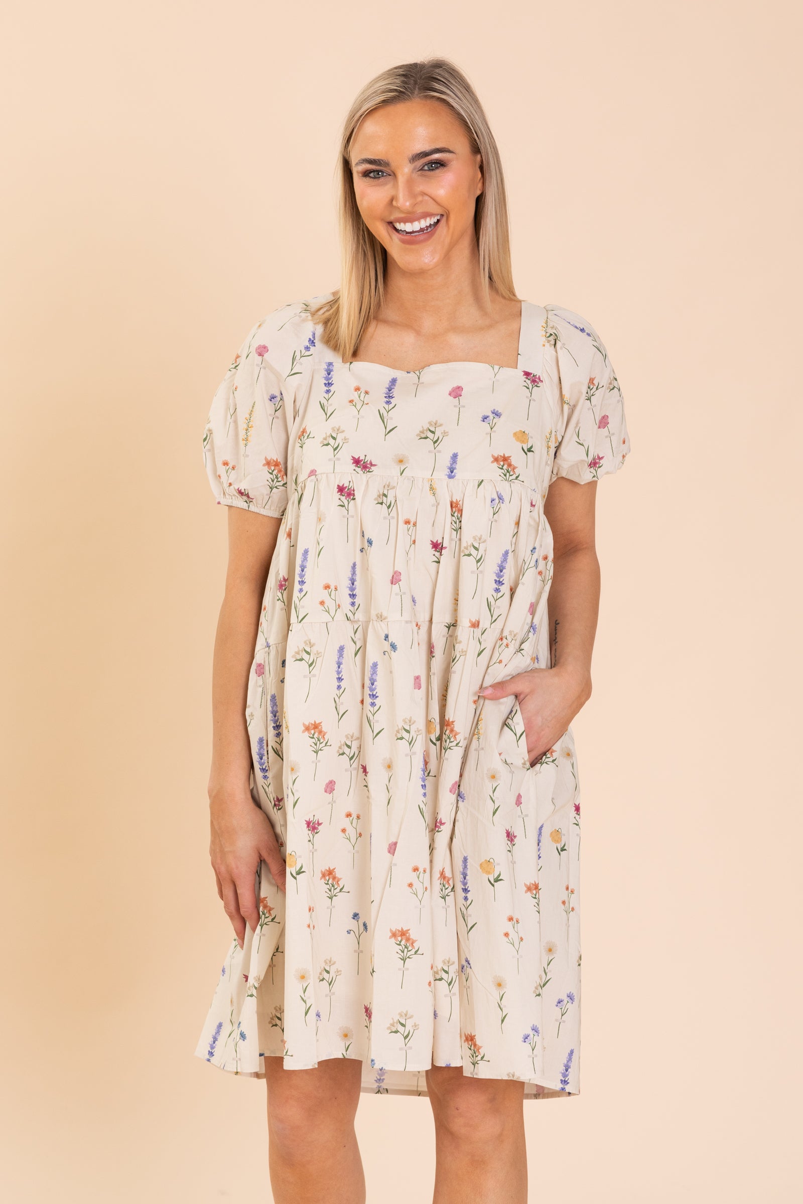 Beige Floral Print Dress With Flutter Sleeve