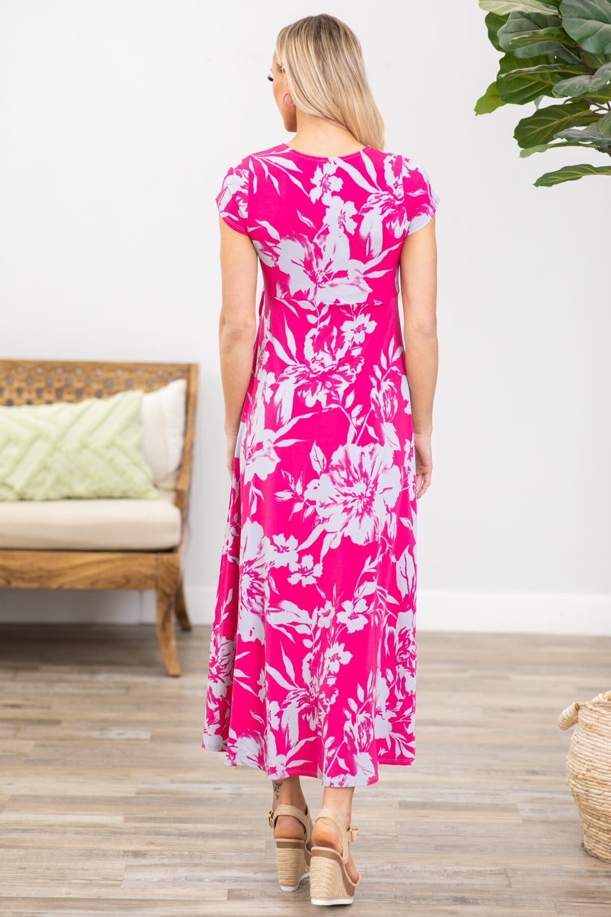 Hot Pink and Grey Floral Print Maxi Dress