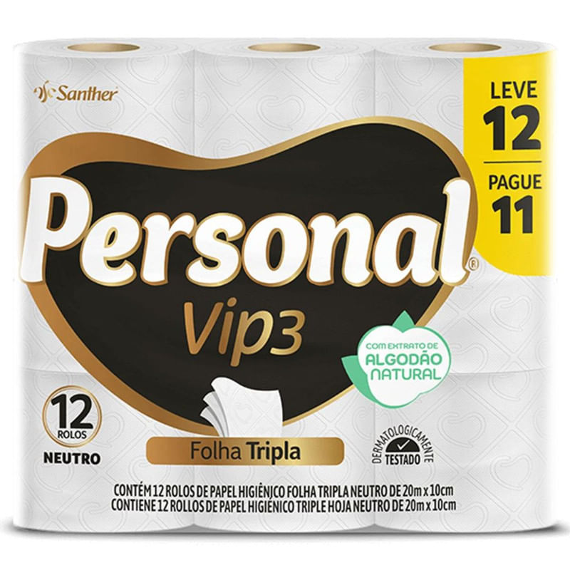Papel Higienico Folha Tripla Personal Vip3 Pacote Leve 12 Pague 11